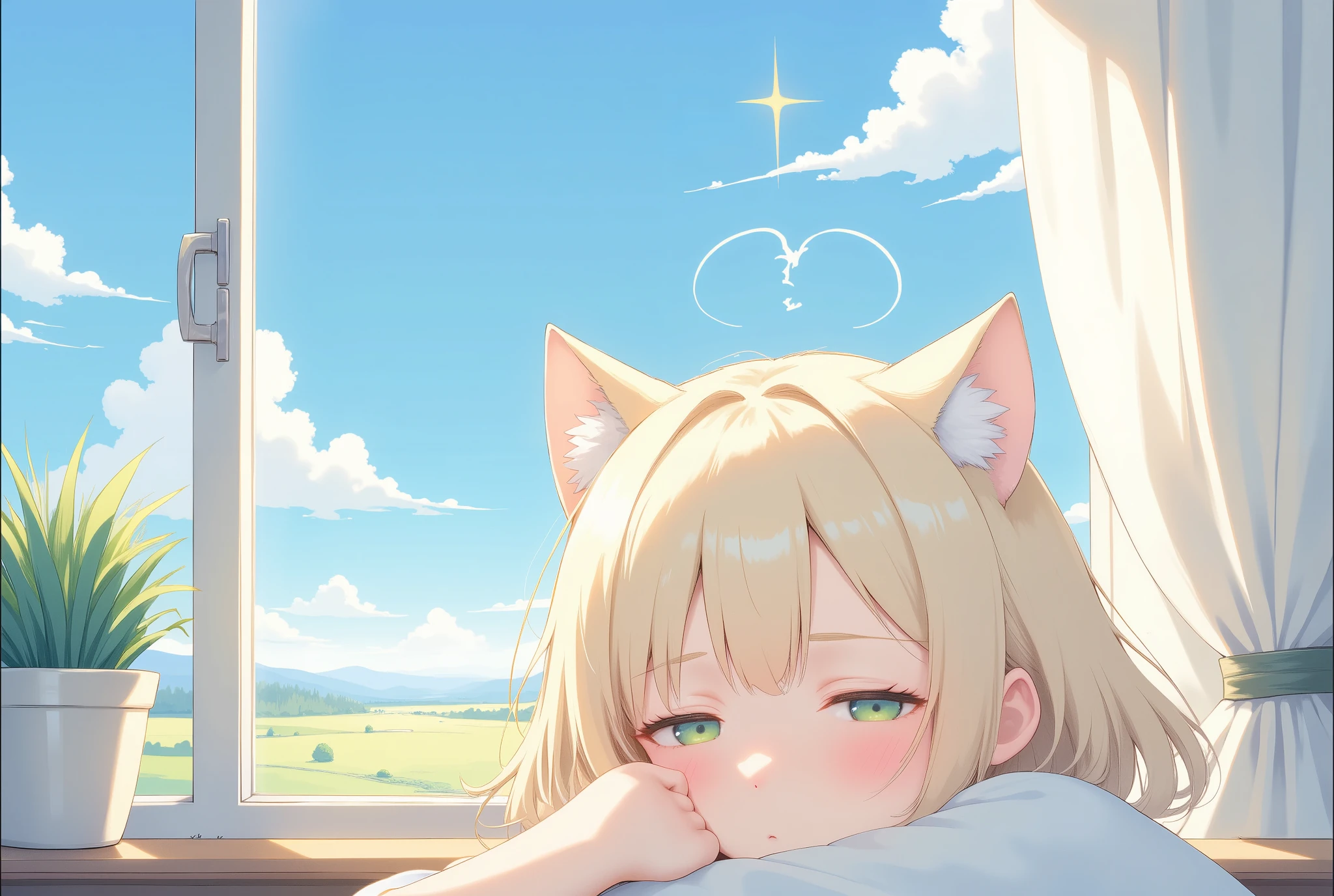 (masterpiece:1.2,EXCEPTIONAL QUALITY ,Mirror finish, Cinematic Experience, best illustration ),8k,16k,(wallpaper),(Cat ear girl:2.0),(anime:2.0),(グレーのスウェットパーカーを着たCat ear girl:2.0),(ベッド:2.0),(あくびをする:2.0),(Looks sleepy:2.0),(morning),(Warm sunshine shining through the window :2.0),(Healing:2.0), Very simple design ,(animeアートワーク:2.0),(Cute design:2.0)