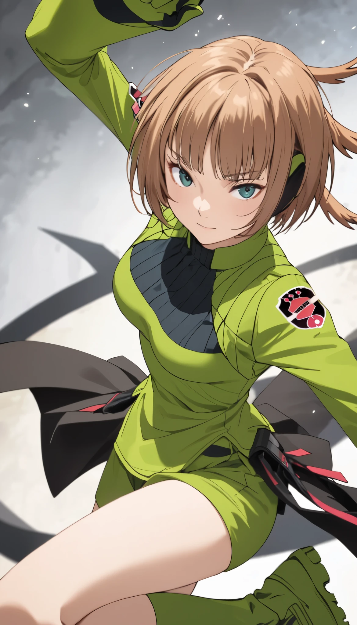 Konami,live-action、 real、 1 girl,  looking at viewers,  green jacket ,  gloves,  Green Shorts , green footwear, Moderate bust、masterpiece, top quality , Dynamic Poses、solo、Dance performance