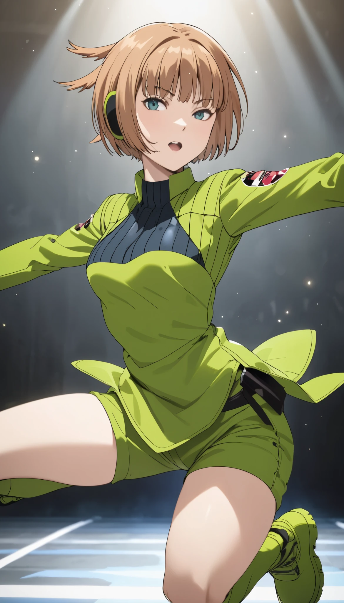 Konami,live-action、 real、 1 girl,  looking at viewers,  green jacket ,  gloves,  Green Shorts , green footwear, Moderate bust、masterpiece, top quality , Dynamic Poses、solo、Dance performance