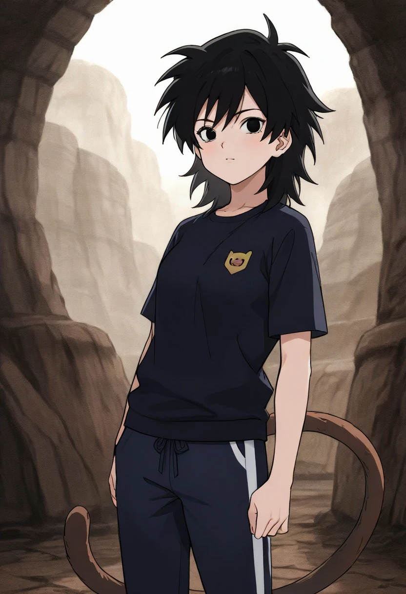 score_9, score_8_up, score_7_up, source_anime, black hair, medium hair, spiked hair, black eyes, monkey tail