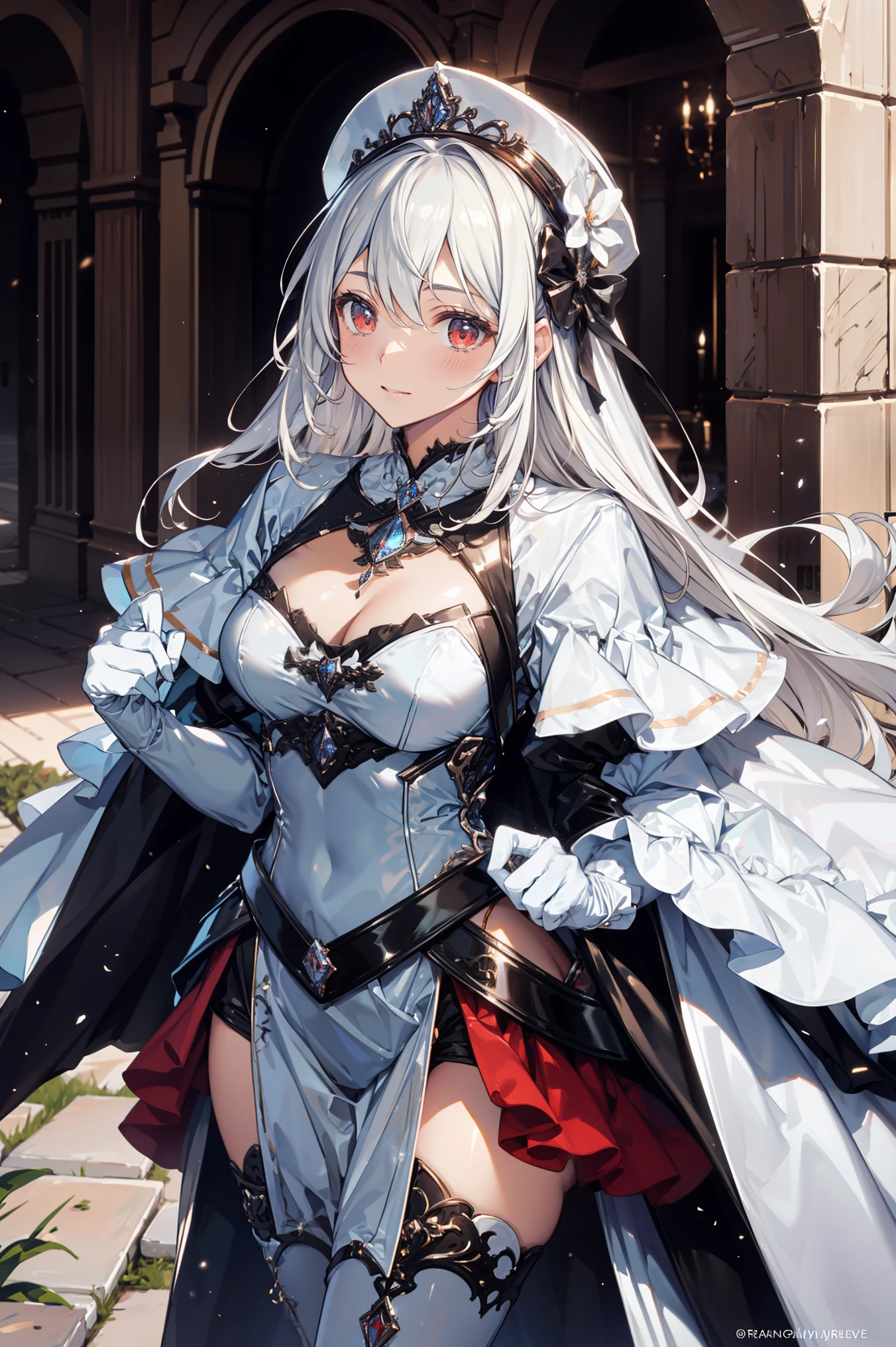 A woman in a white dress , White gloves, A beautifully decorated white women's hat , White Heels , Red Eyes, blond, long hair, Large target , a long red fur cape , Very complicated costume design ,Walk outside a luxury castle , close-up , overlooks ornately decorated medieval gardens, Ultra HD, Main job , Accurate, Anatomically correct , textured skin , Super Details, high quality , Best Quality , 8K, high resolution , Bokeh effect. (Woman alone )