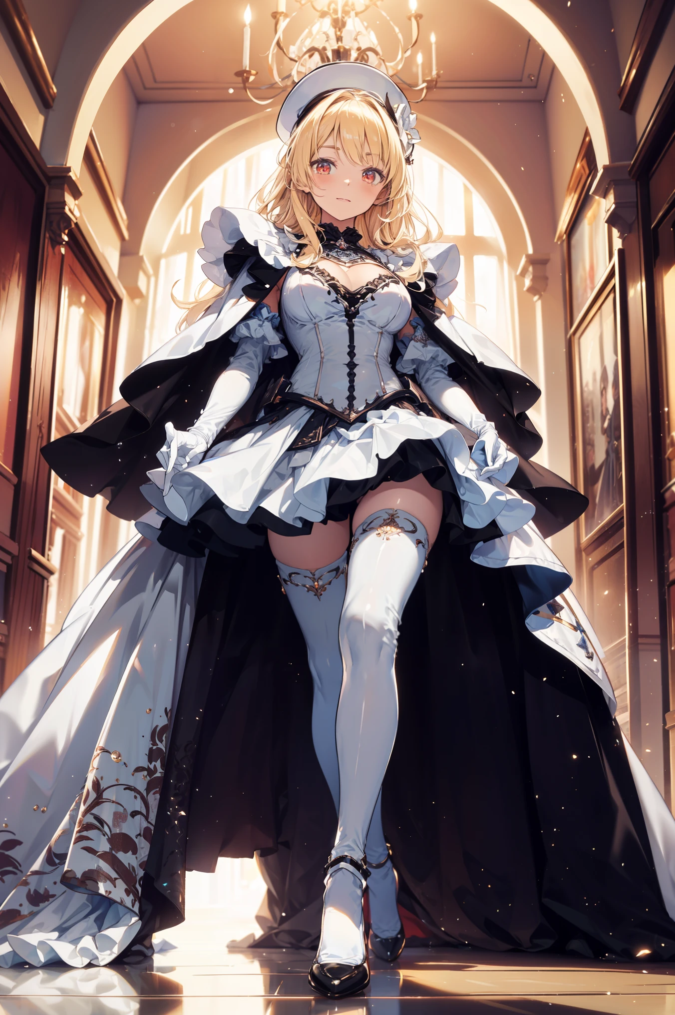    A woman in a white dress   , White gloves,    A beautifully decorated white women's hat  ,    White Heels   , Red Eyes, blond,    long hair, Large target ,    a long red fur cape   , Very complicated costume design  ，Walk outside a luxury castle   , close-up ,    overlooks ornately decorated medieval gardens,    Ultra HD, Main job   , Accurate,       Anatomically correct   ,    textured skin   , Super Details,    high quality   ,    Best Quality   , 8K,    high resolution   , Bokeh effect. (Woman alone   )
