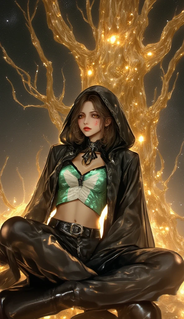 best quality, masterpiece, melina \(elden ring\),1 girl, solo, brown hair,medium curly hair, black cloak with hood,orange eyes,(Tunic with white inside and light green outside:1.5),belt,boots,full body, ashes and sparks in the air, (closed left eyes:1.5),(Scar on left eyes:1.5), 8k, high resolution, ultra detailed, professional digital painting, epic cinematic lighting, trending on artstation, 4k, hyperrealism, focused, extreme details, unreal engine 5, cinematic, masterpiece,There is a large golden glowing tree that seems to reach out into the universe, There are huge, golden trees that seem to stretch out into the universe, huge trees are huge horizontally and the size of swallowing stars,Girl resting under a giant tree, staring up at the giant tree