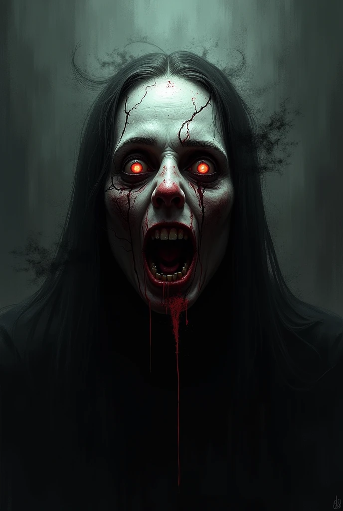 (misty, haze:2.0),(dimly lit:1.8), (translucent:1.4), (dark:1.6), (dark room:1.2), (chiaroscuro:1.8), shadow, (dark theme:1.2),cinematic movie still,(horror style:1.3), woman head with long black hair and a white ghostly face, wearing a creepy smile, (fading dark Red eyes:1.2), wide open , screaming expression, sharp fangs teethes, mood effect is eerie and unsettling,, absurdres, high sharp, ultra highres, high sharp, crystal clear, 4K, 8k, HD, UHD, super detail, absurdly detailed, highly detailed, best quality, high quality, Sharp
