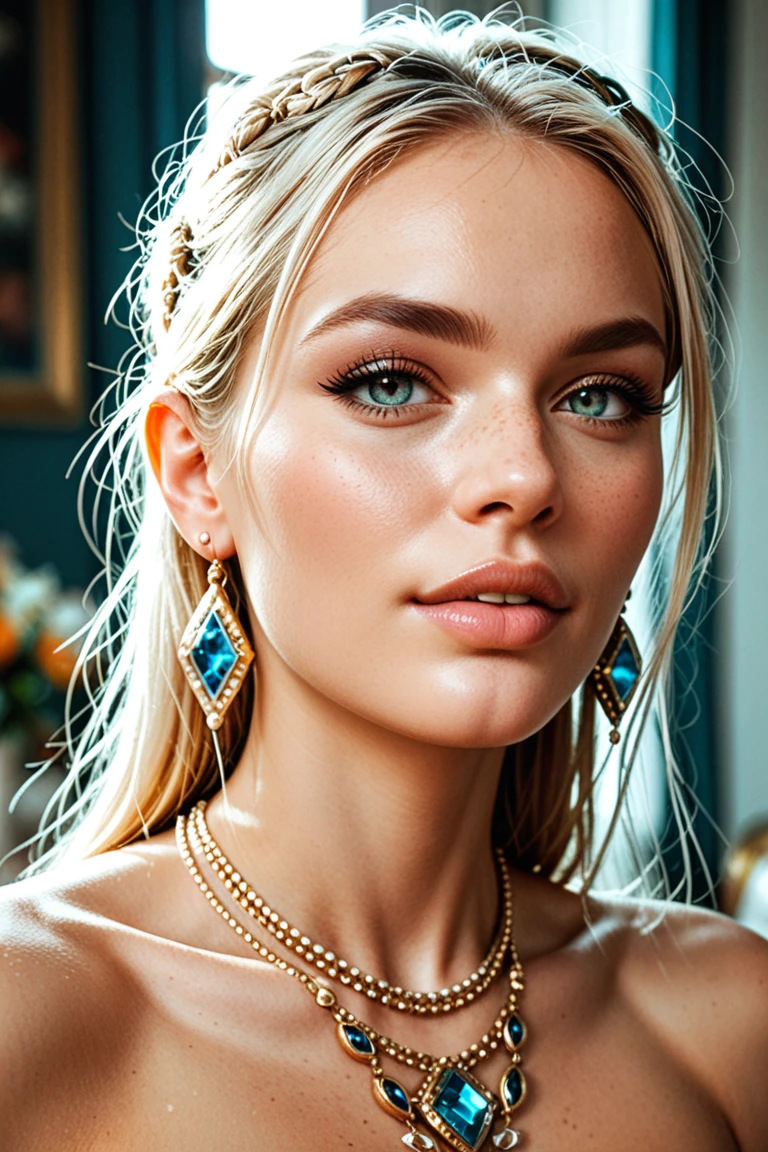 1 beautiful woman, 20 years, Shiny blonde hair, pale white skin (Realistic skin details, Realistic skin), bright blue eyes (very detailed and bright eyes), Red lips, draw up, NECKLACE, earrings, necklace, accessories, perfect body , perfectly round butt, I look at the viewer, sexy pose, (perfect hands), (hands with 5 fingers), (masterpiece), (photorealistic), (8 K), (realistic lighting),kimono,  epic neckline, NSFW Chest, blonde,  natural big breasts,  sexy pose,  arched her back sexy