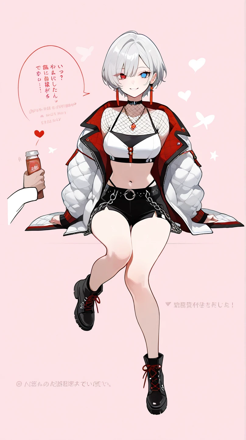 1girl, short hair, silver hair, solo focus, Highress, 2k, full body illustration, 
Eyes:
heterochromatic, left eyes is blue, right eyes is red. 
Clothing Description:

Top: Wearing a white crop top with black straps, layered with black mesh covering the neckline.

Outerwear: An oversized white bomber jacket with red and black accents on the inside. The red lining features a quilted pattern, adding a stylish detail.

Additional Accessories: A necklace with a triangular pendant and chain straps hanging from the belt.

Bottom: Black shorts with red accents, featuring metallic chains and straps wrapping around the waist. Buckles and straps add a utilitarian touch.

Background:
A pastel pink background with heart and star patterns, creating a sweet and cheerful atmosphere. There’s also a text message element in the bottom left corner, adding a social media context.

Pose:
Sitting in a slightly elevated position, with one leg raised, exuding confidence. Her hands are either holding the edge of her skirt or resting on her lap.