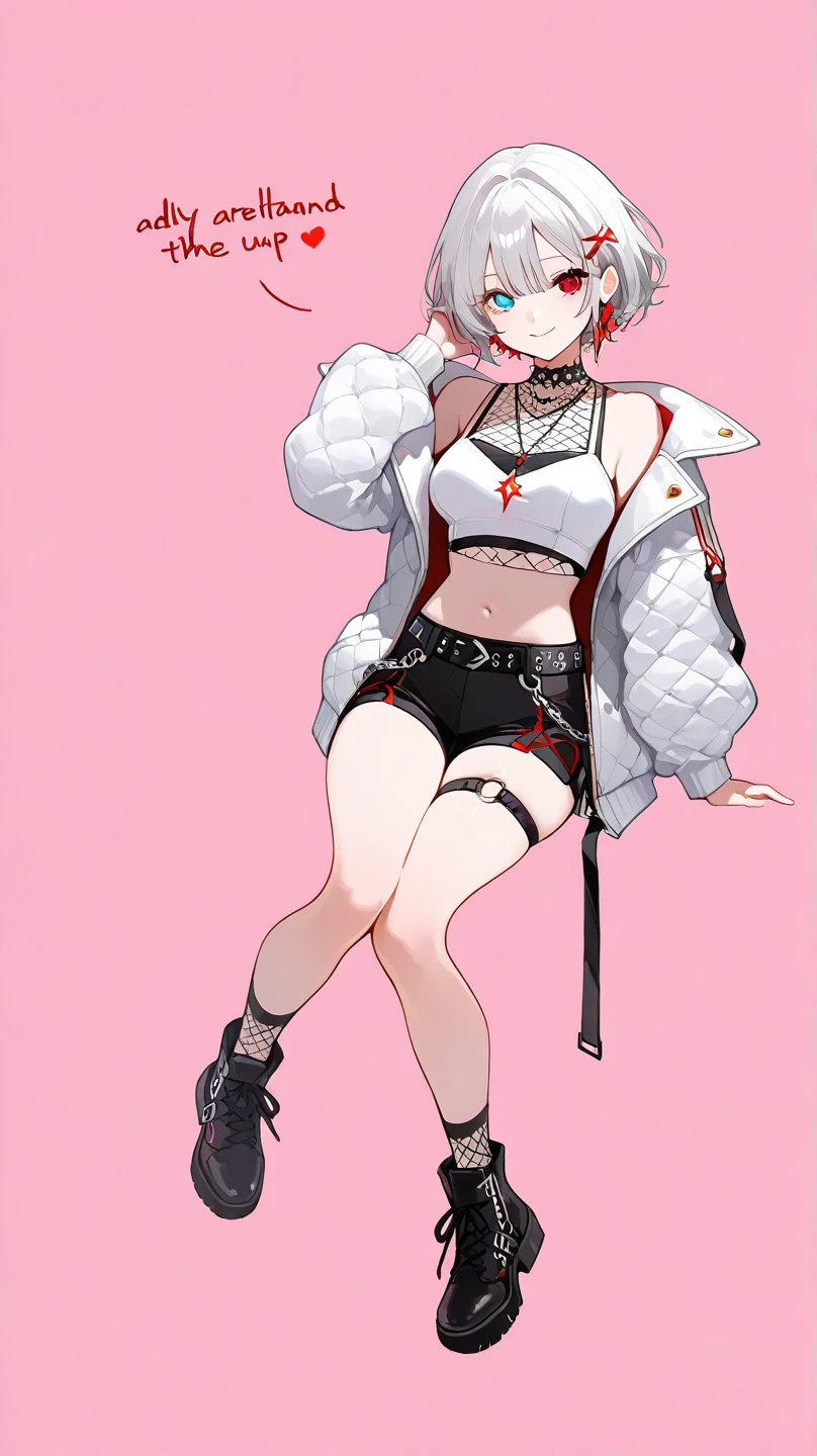 1girl, short hair, silver hair, solo focus, Highress, 2k, full body illustration, 
Eyes:
heterochromatic, left eyes is blue, right eyes is red. 
Clothing Description:

Top: Wearing a white crop top with black straps, layered with black mesh covering the neckline.

Outerwear: An oversized white bomber jacket with red and black accents on the inside. The red lining features a quilted pattern, adding a stylish detail.

Additional Accessories: A necklace with a triangular pendant and chain straps hanging from the belt.

Bottom: Black shorts with red accents, featuring metallic chains and straps wrapping around the waist. Buckles and straps add a utilitarian touch.

Background:
A pastel pink background with heart and star patterns, creating a sweet and cheerful atmosphere. There’s also a text message element in the bottom left corner, adding a social media context.

Pose:
Sitting in a slightly elevated position, with one leg raised, exuding confidence. Her hands are either holding the edge of her skirt or resting on her lap.