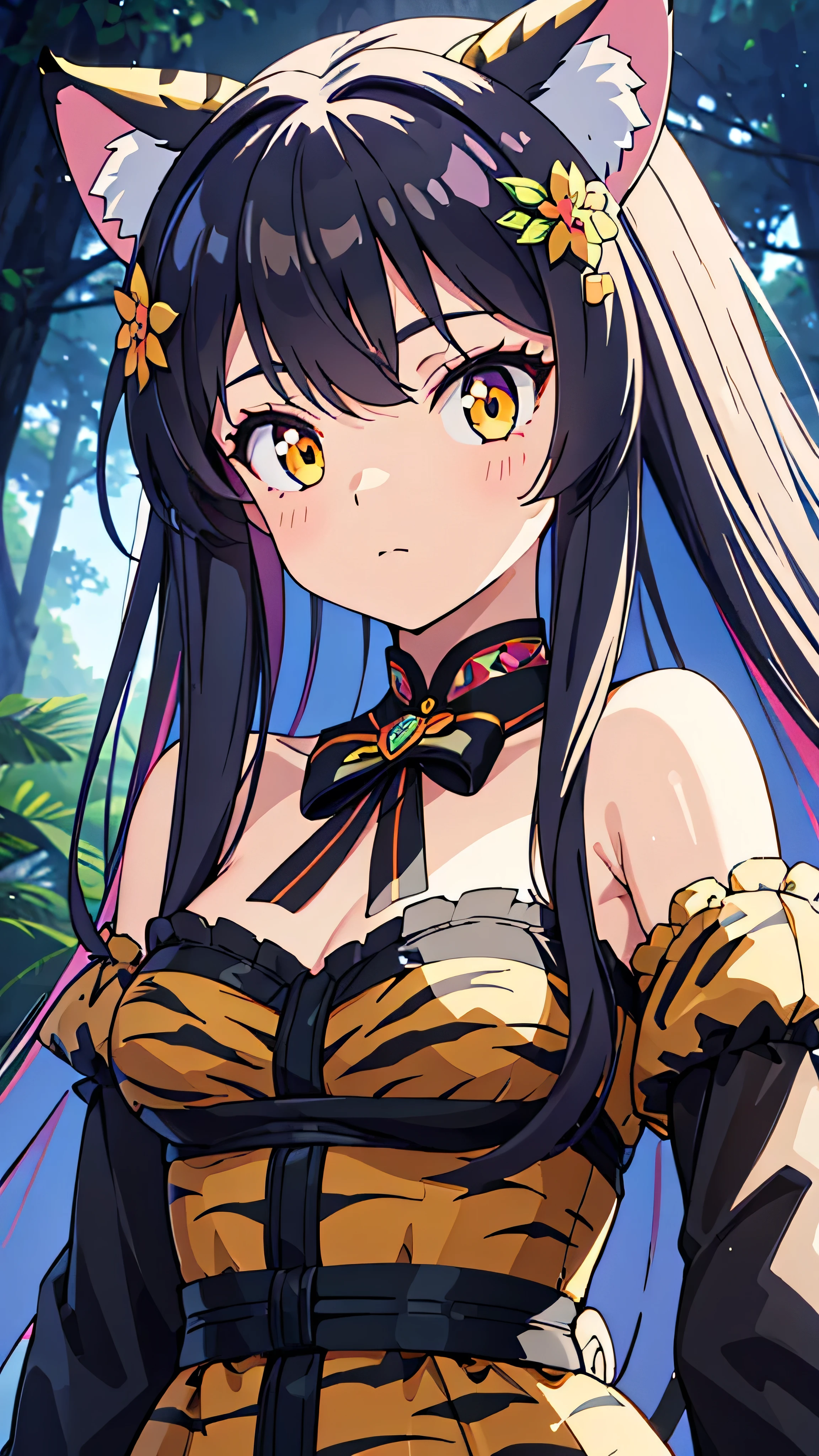  high-definition picture ， 1 girl,  face details、Lovely cat ears , Deep Forest World , Alone,  skinny, wind,  tiger striped fluffy fur, whole body,  pretty face ,  adorned with intricate patterns and delicate lines,  Girl Surrounded by Fairies in a Colorful Forest。Cute tiger striped cat girl 。