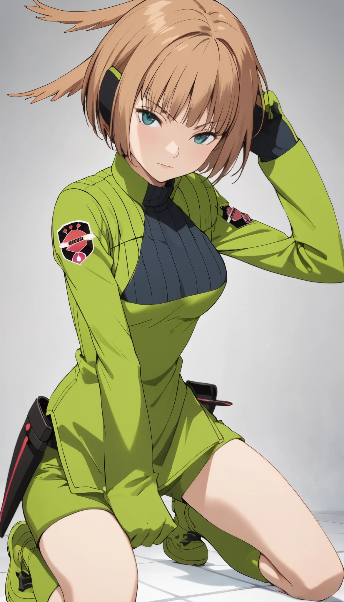 Konami,live-action、 real、 1 girl, looking at viewers, green jacket , gloves, Green Shorts , green footwear, Moderate bust、masterpiece, top quality , Dynamic Poses、Kneeling