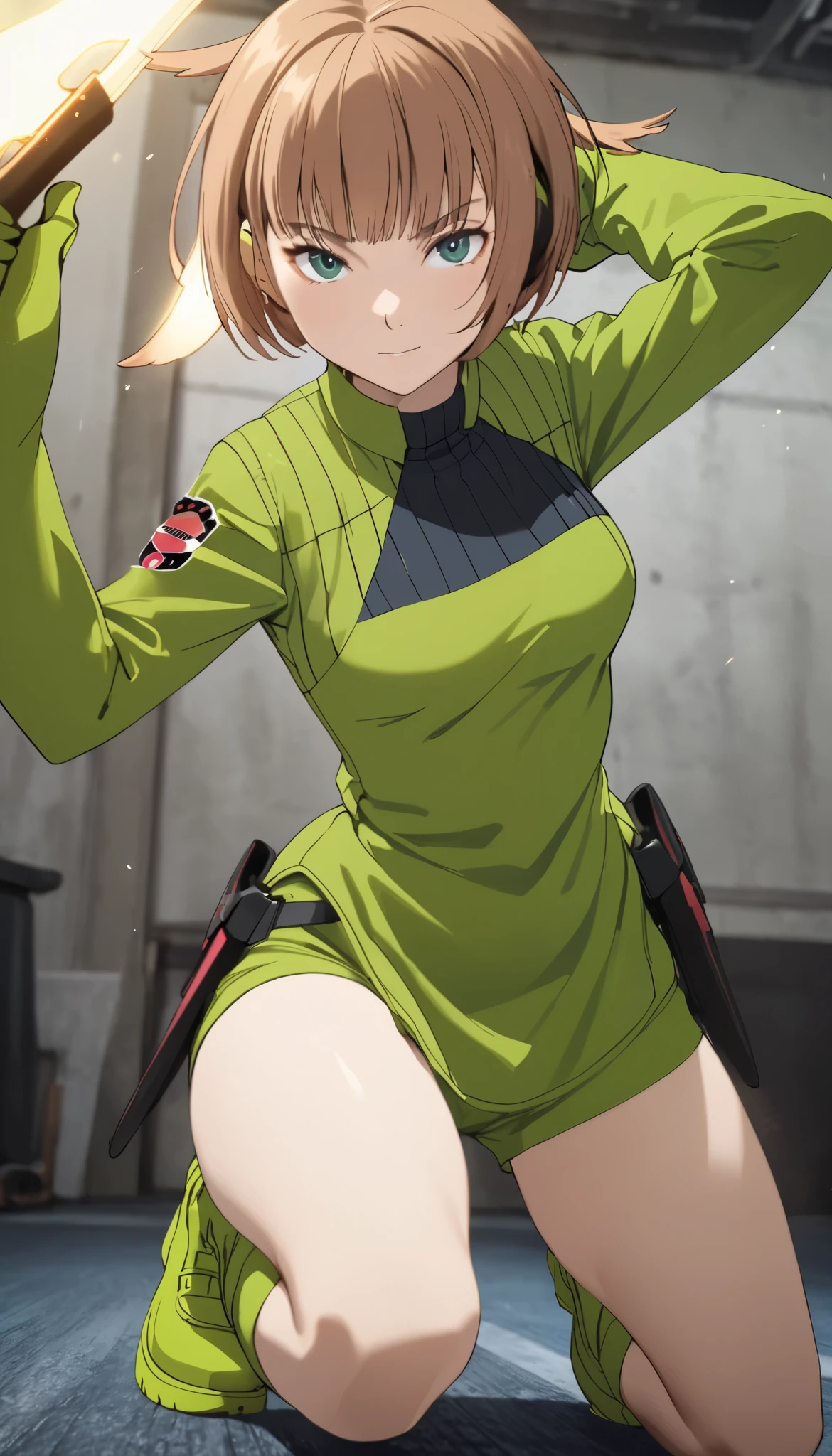 Konami,live-action、 real、 1 girl,  looking at viewers,  green jacket ,  gloves,  Green Shorts , green footwear, Moderate bust、masterpiece, top quality , Dynamic Poses、Kneeling