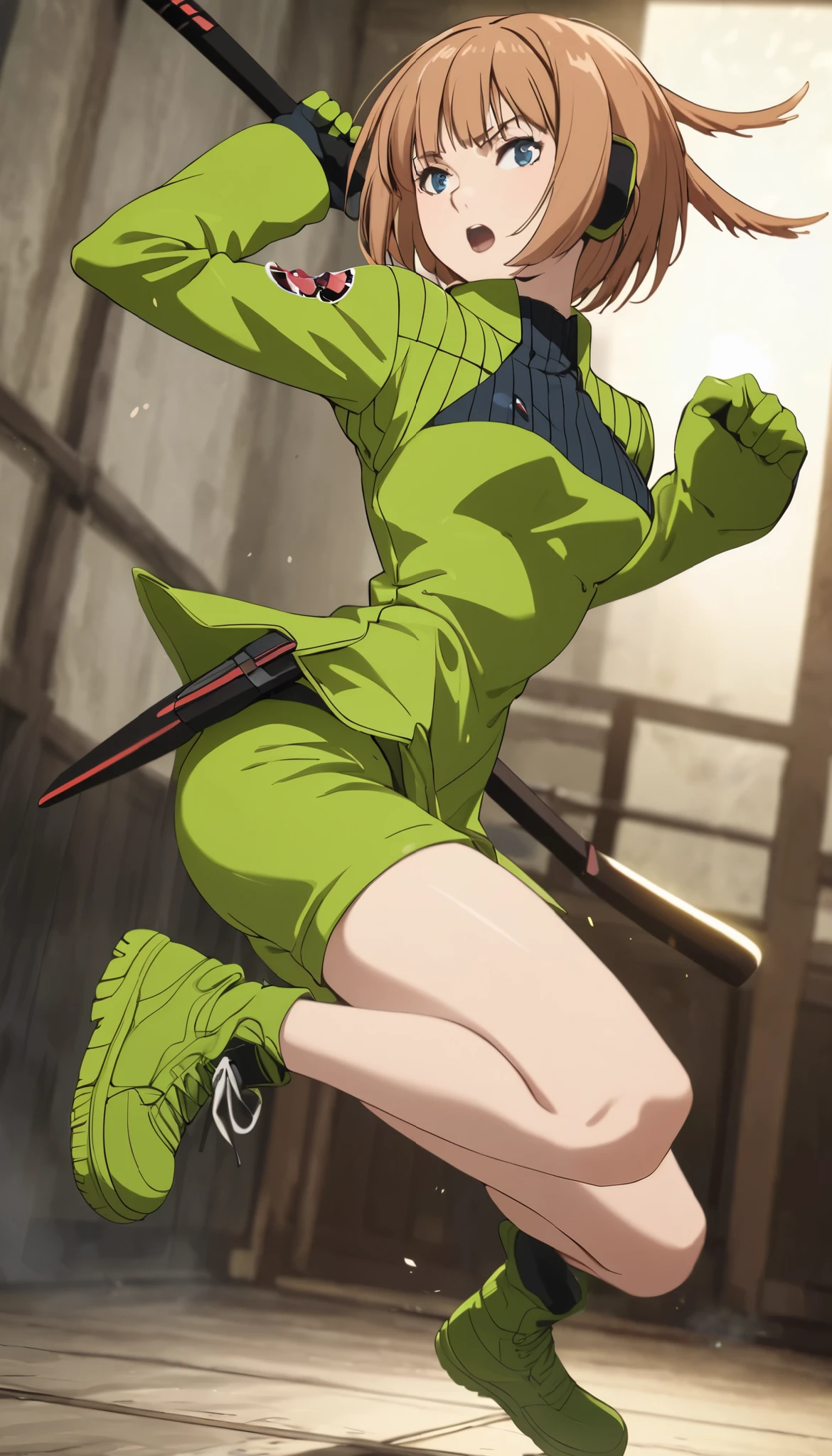 Konami,live-action、 real、 1 girl, looking at viewers, green jacket , gloves, Green Shorts , green footwear, Moderate bust、masterpiece, top quality , Dynamic Poses、Jump kick