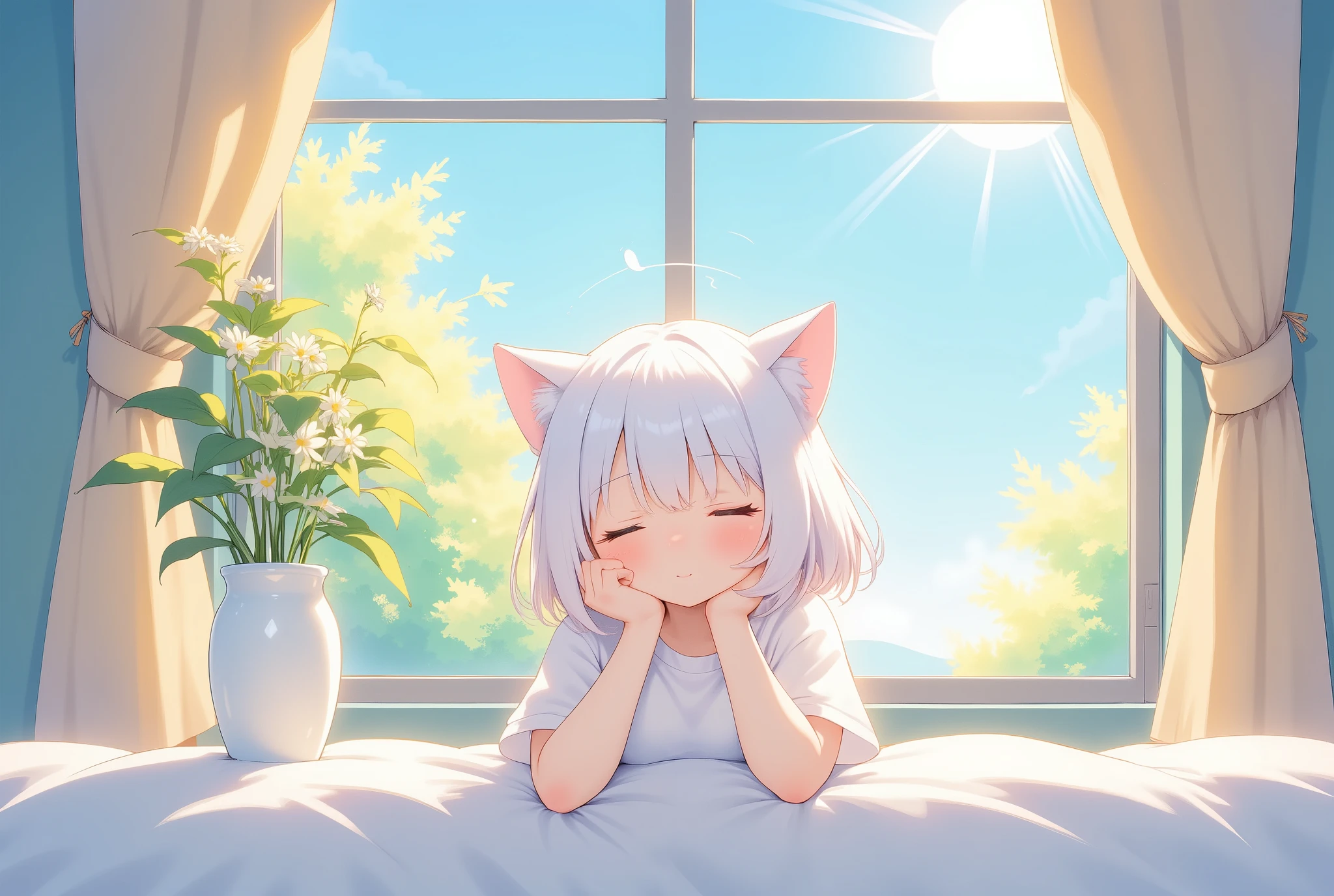 (masterpiece:1.2,EXCEPTIONAL QUALITY ,Mirror finish, Cinematic Experience, best illustration ),8k,16k,(wallpaper),(Cat ear girl:2.0),(anime:2.0),(グレーのスウェットパーカーを着たCat ear girl:2.0),(ベッド:2.0),(あくびをする:2.0),(Looks sleepy:2.0),(morning),(Warm sunshine shining through the window :2.0),(Healing:2.0), Very simple design ,(animeアートワーク:2.0),(Cute design:2.0)