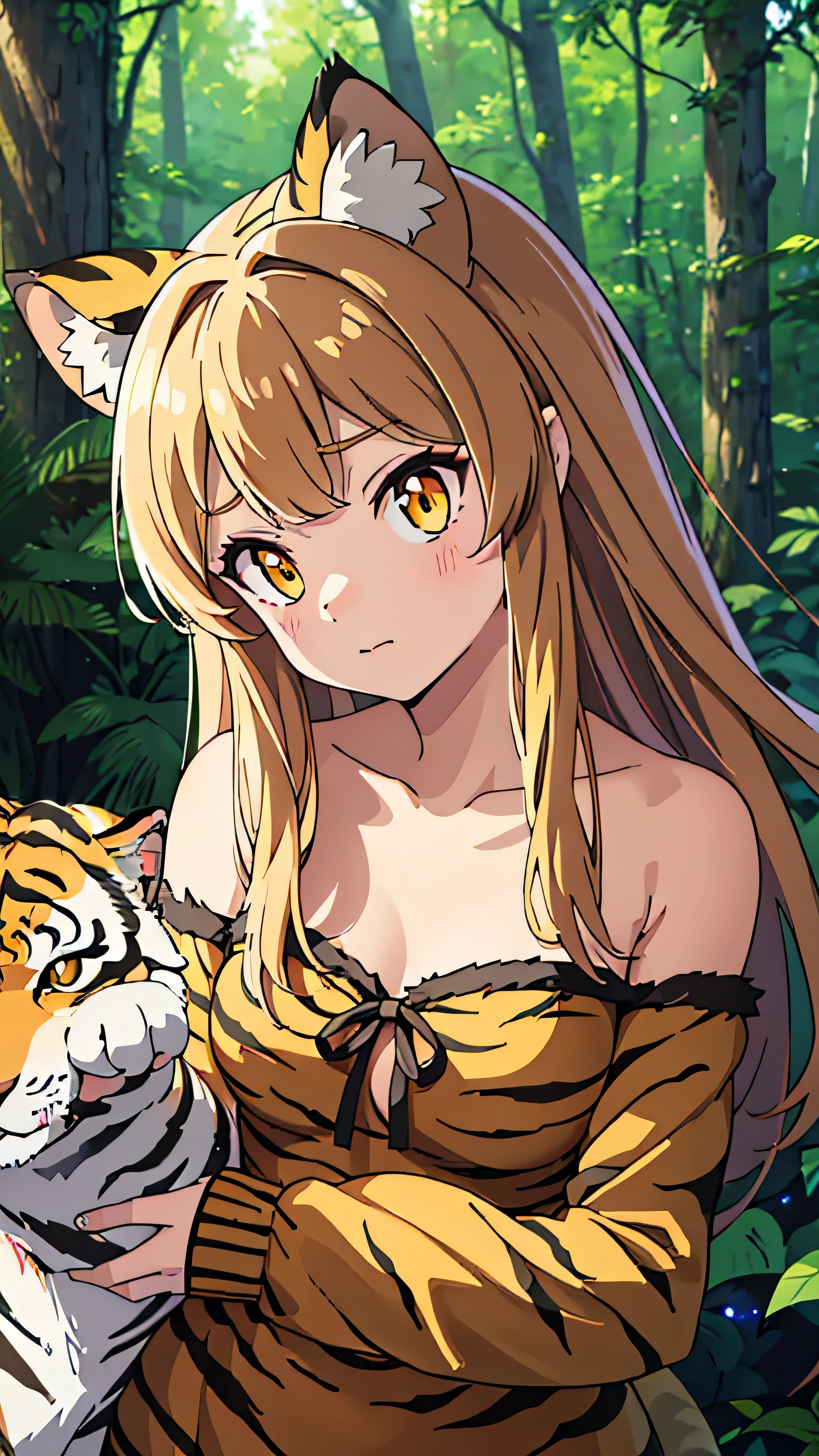  high-definition picture ， 1 girl,  face details、Lovely cat ears , Deep Forest World , Alone,  skinny, wind,  tiger striped fluffy fur, whole body,  pretty face ,  adorned with intricate patterns and delicate lines,  Girl Surrounded by Fairies in a Colorful Forest。Cute tiger striped cat girl 。