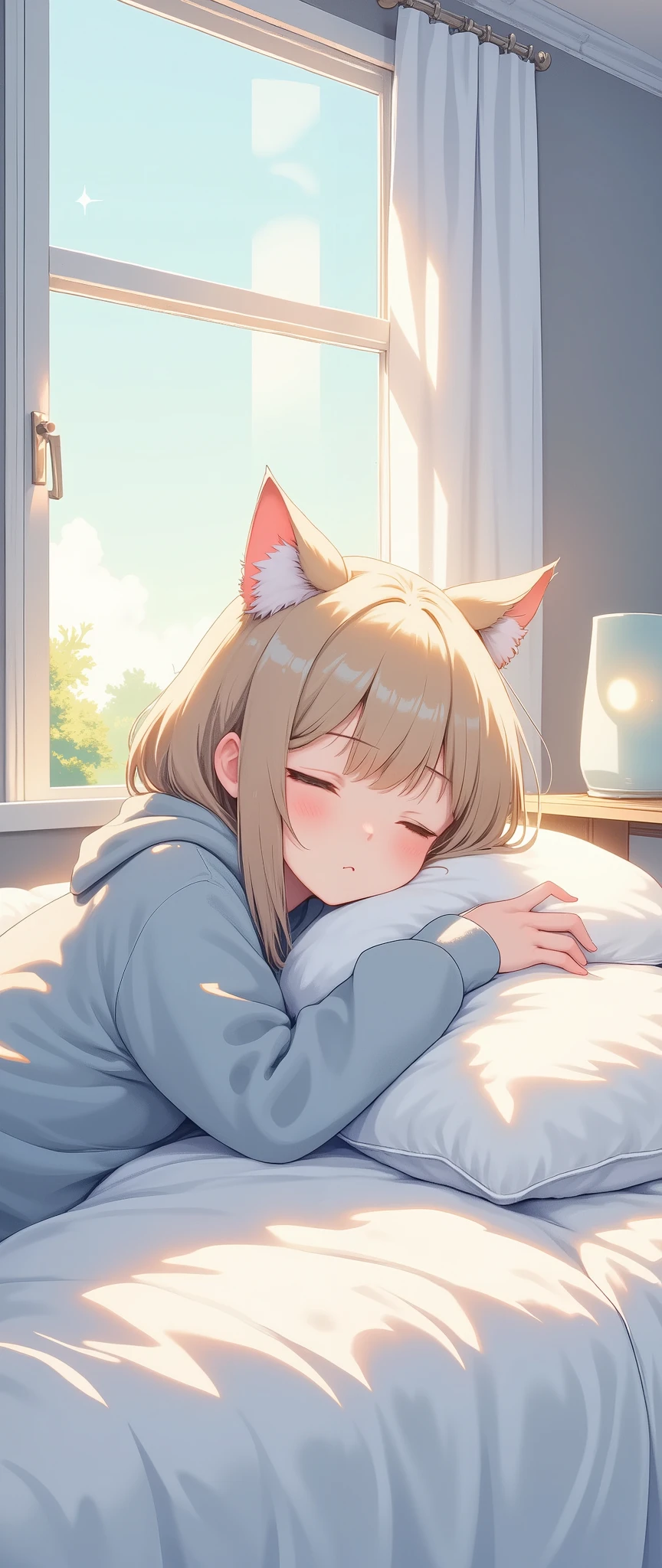 (masterpiece:1.2,EXCEPTIONAL QUALITY ,Mirror finish, Cinematic Experience, best illustration ),8k,16k,(wallpaper),(Cat ear girl:2.0),(Cat girl:2.0),(anime:2.0),(Cat ear girl wearing grey sweatshirt hoodie:2.0),(Lying on the bed :2.0),(Looks sleepy:2.0),(morning),(Warm sunshine shining through the window :2.0),(Healing:2.0), Very simple design ,(anime artwork:2.0),(Cute design:2.0)