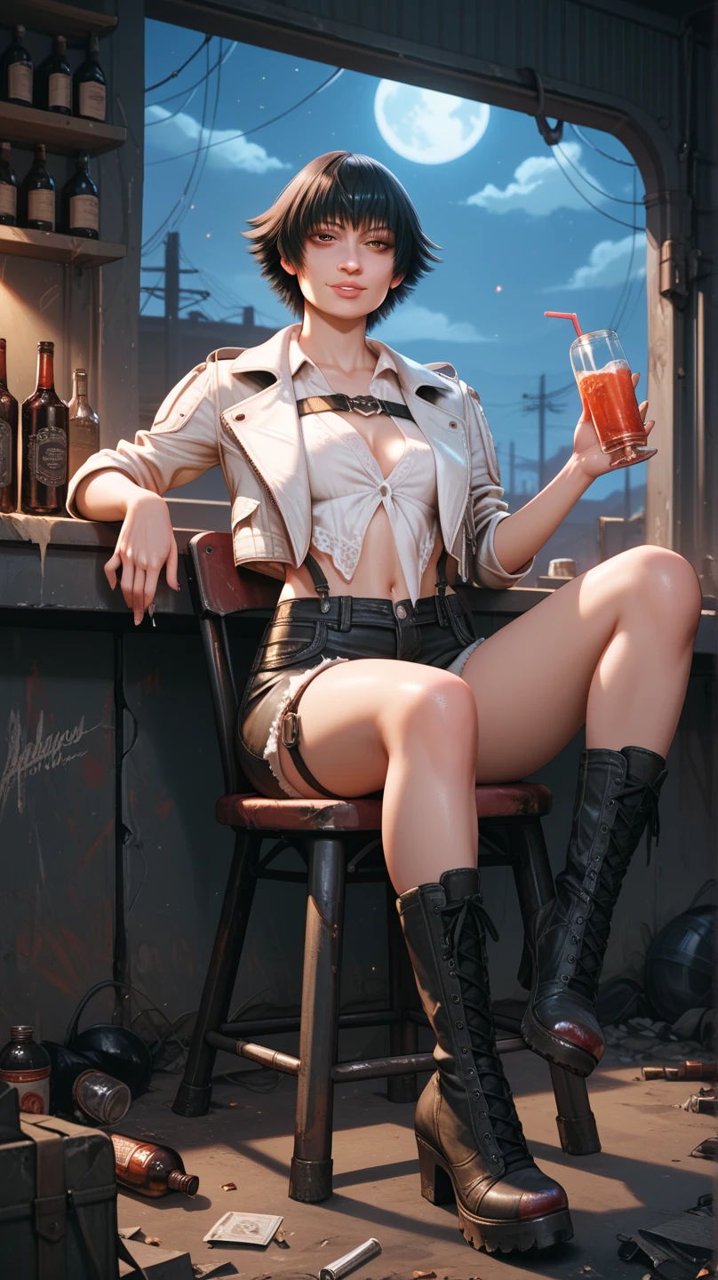  Sexy Lady from Devil May Cry,  on a wasteland,   at night,  sitting on a chair , Drinking from a bottle ,