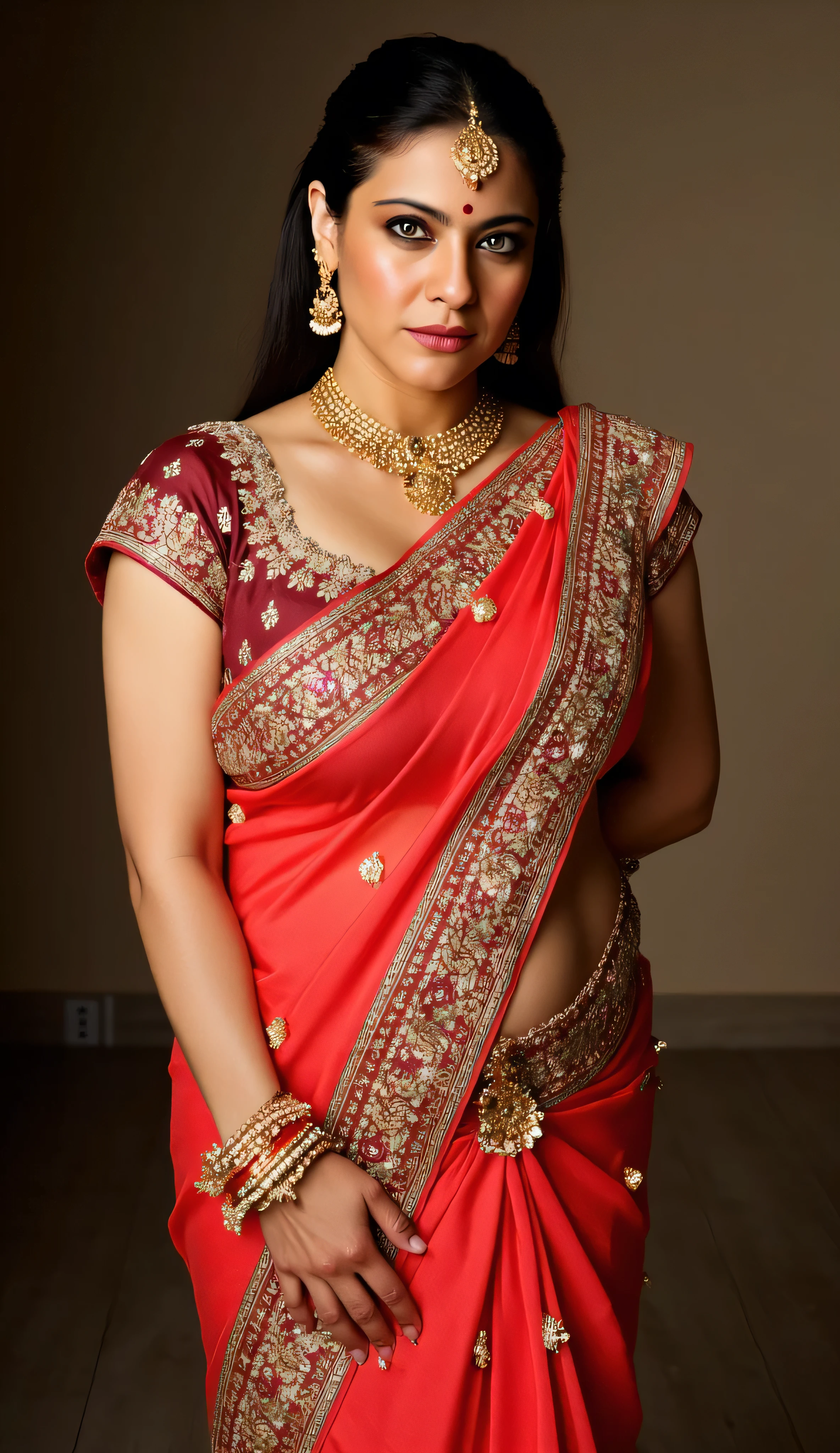 a woman in a sari posing for a picture, indian goddess, traditional beauty, indian, beautiful goddess, ornate , indian style, indian super model, beautiful maiden, gorgeous woman, south east asian with long, indian, gorgeous beautiful woman, intricate outfit, hindu aesthetic, beautiful asian girl, extremely detailed goddess shot, jaw-dropping beauty, big deep cleavage navel, big deep cleavage, indian women, massive in bikni fusion full body, (full body shot), (masterpiece,best quality), hyperrealistic, hyperdetailed, photorealistic, detailed face, red lips, detailed body, detailed eye, perky , scattering surface, Big , full body , attractive body ,