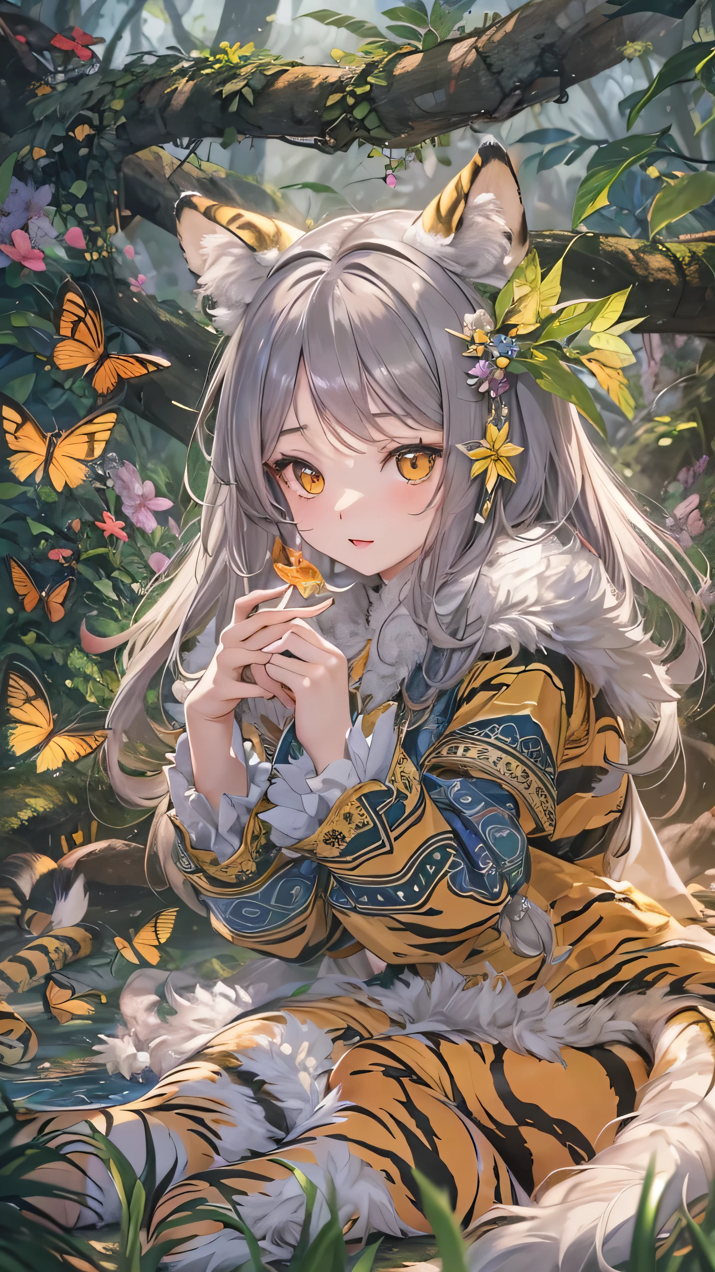  high-definition picture ， 1 girl,  face details、Lovely cat ears , Deep Forest World , Alone,  skinny, wind,  tiger striped fluffy fur, whole body,  pretty face ,  adorned with intricate patterns and delicate lines,  Girl Surrounded by Fairies in a Colorful Forest。Cute tiger striped cat girl 。