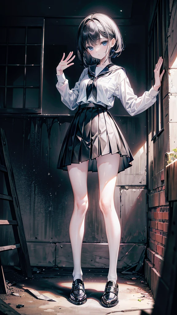 absurdres, RAW photo, extremely delicate and beautiful, masterpiece, Best Quality, ultra high resolution, 32k, hyperrealistic, ultra-detailed, in her 20s, very Slim body, narrow waist, very small head, very small face, delicate facial features, tearful mole, earring, very huge round breasts, ((full body shot)), medium hair, black hair, ((school_uniform)),