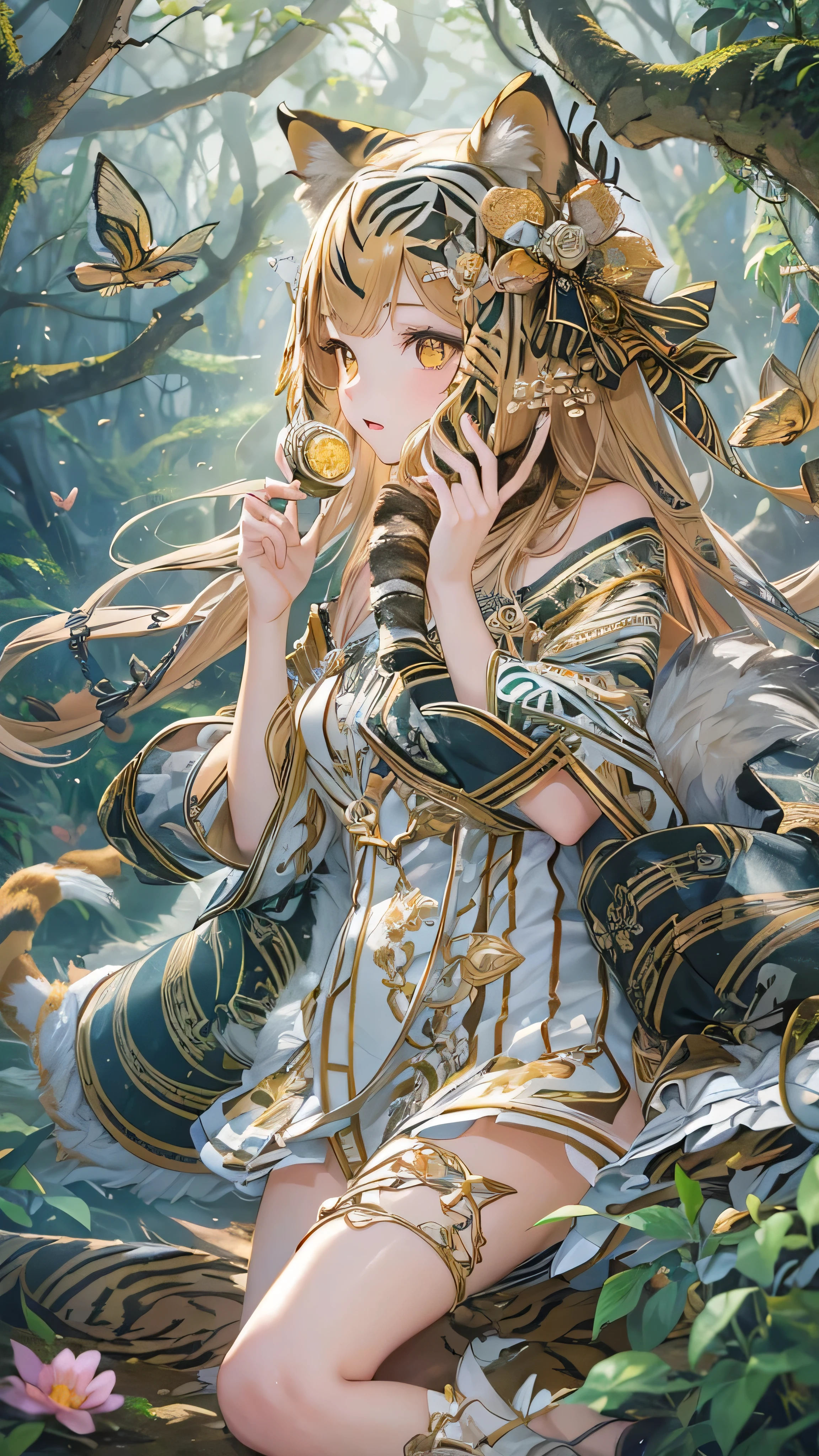  high-definition picture ， 1 girl,  face details、Lovely cat ears , Deep Forest World , Alone,  skinny, wind,  tiger striped fluffy fur, whole body,  pretty face ,  adorned with intricate patterns and delicate lines,  Girl Surrounded by Fairies in a Colorful Forest。Cute tiger striped cat girl 。