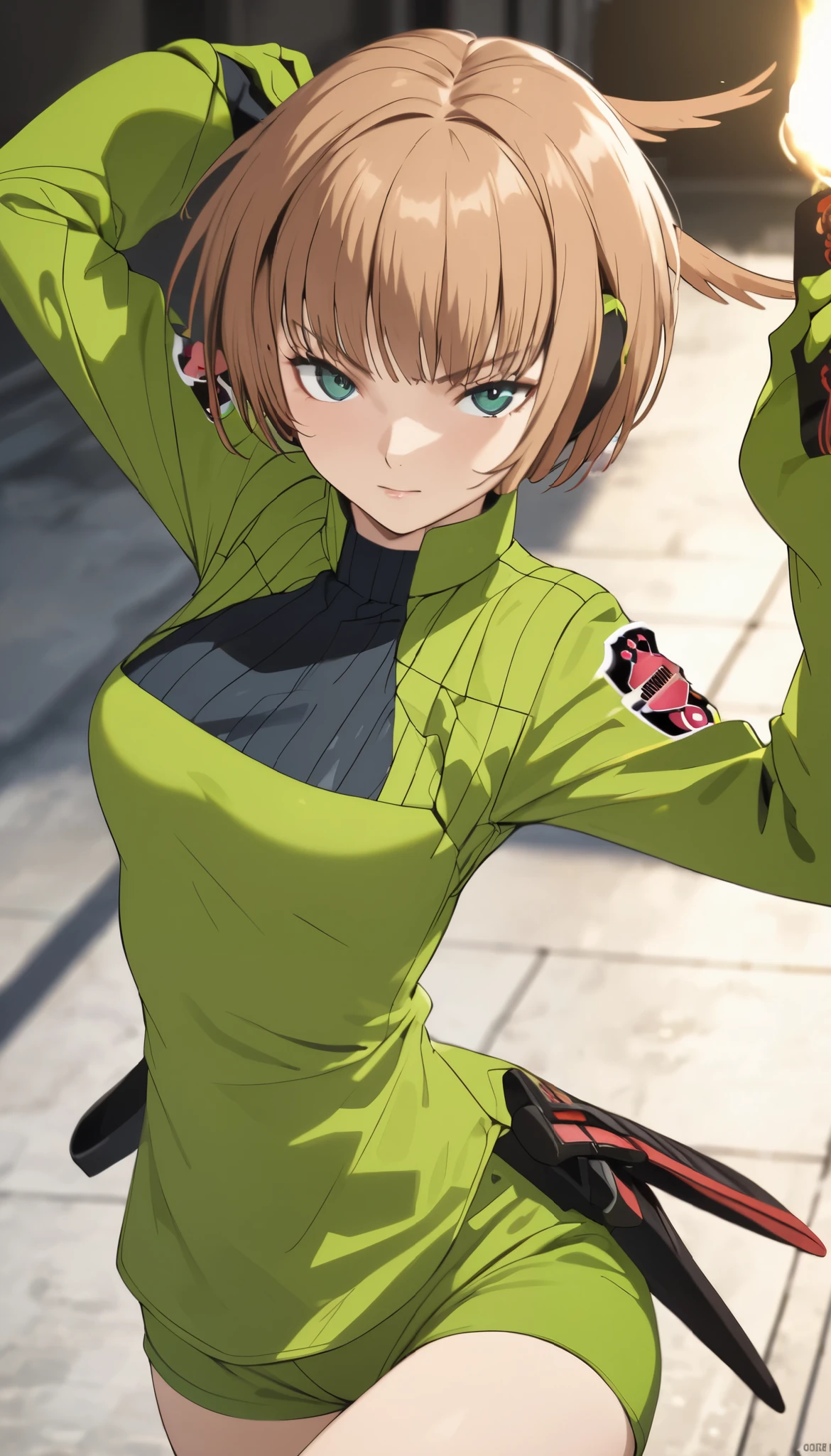 Konami,live-action、 real、 1 girl, looking at viewers, green jacket , gloves, Green Shorts , green footwear, Moderate bust、masterpiece, top quality , Dynamic Poses、Lean your upper body