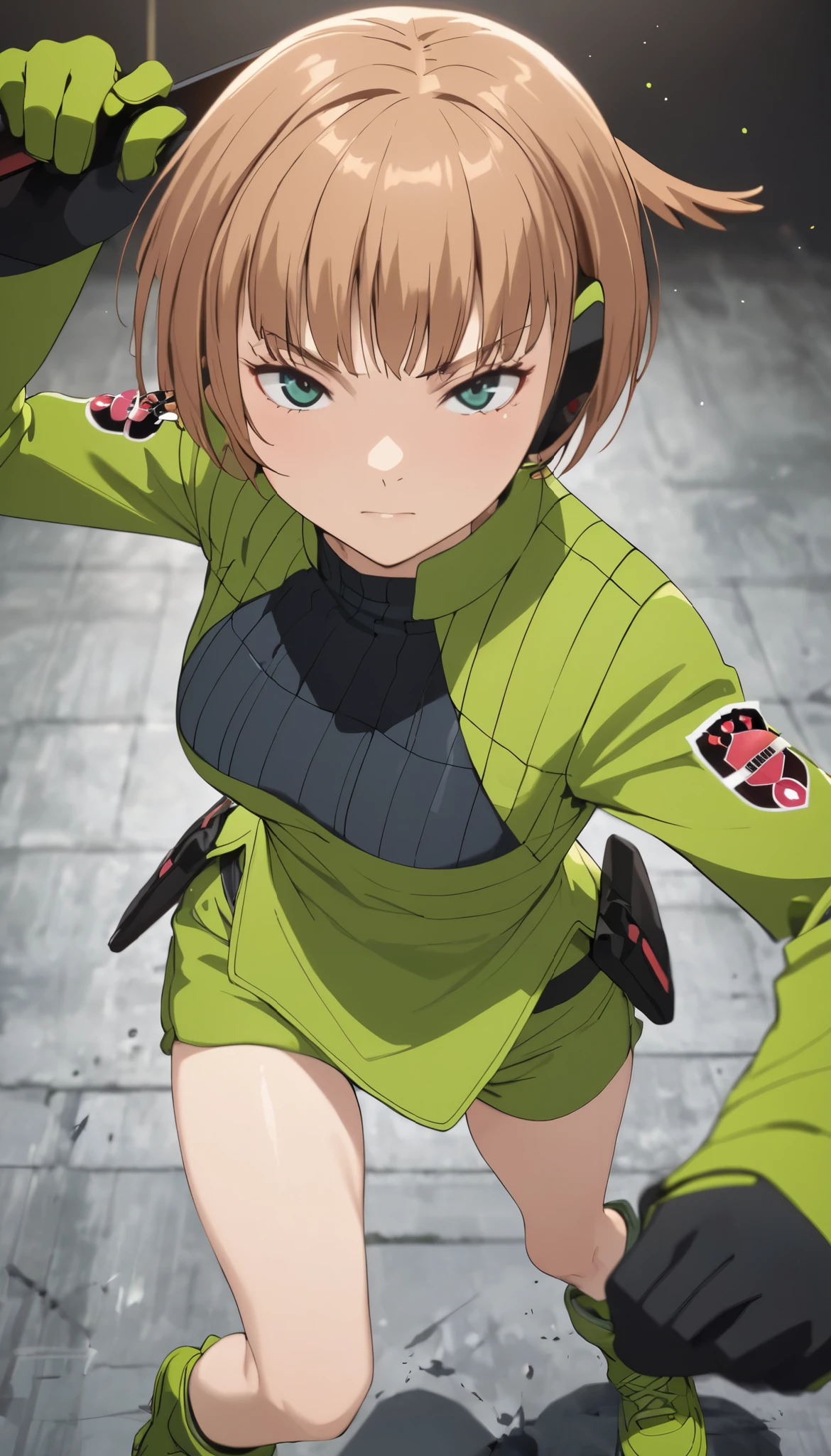 Konami,live-action、 real、 1 girl, looking at viewers, green jacket , gloves, Green Shorts , green footwear, Moderate bust、masterpiece, top quality , Dynamic Poses、Lean your upper body