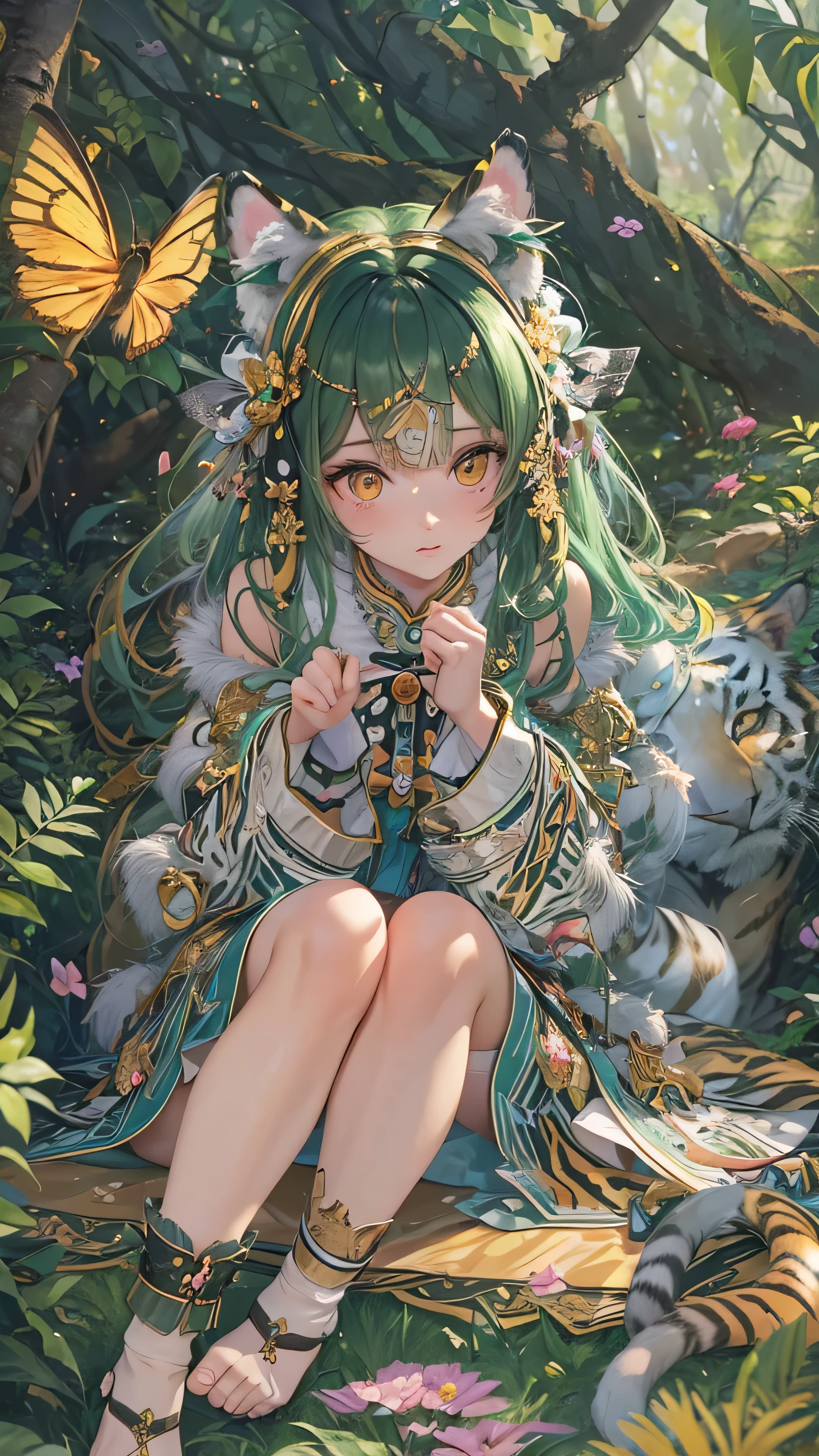  high-definition picture ， 1 girl,  face details、Lovely cat ears , Deep Forest World , Alone,  skinny, wind,  tiger striped fluffy fur, whole body,  pretty face ,  adorned with intricate patterns and delicate lines,  Girl Surrounded by Fairies in a Colorful Forest。Cute tiger striped cat girl 。