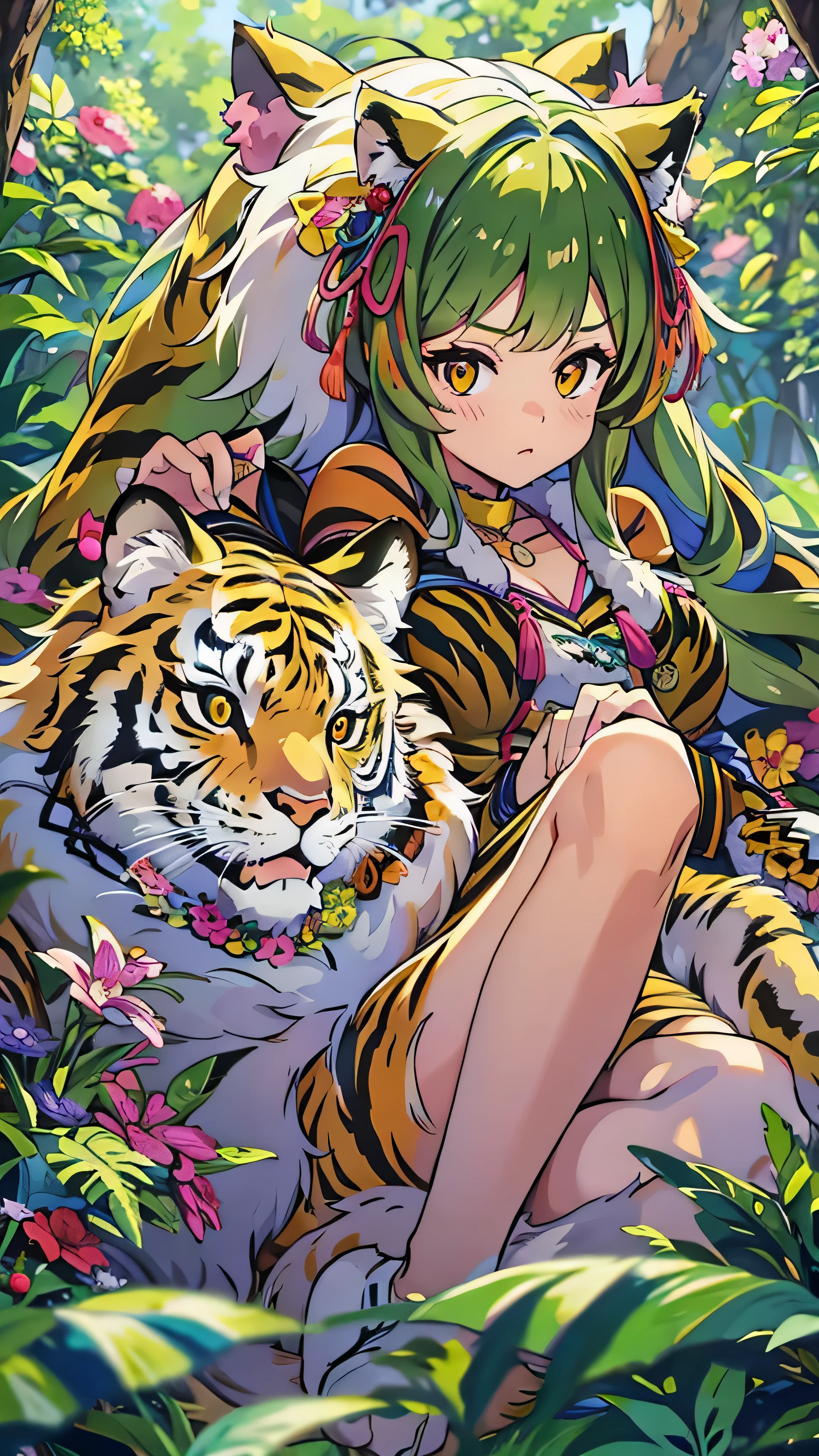  high-definition picture ， 1 girl,  face details、Lovely cat ears , Deep Forest World , Alone,  skinny, wind,  tiger striped fluffy fur, whole body,  pretty face ,  adorned with intricate patterns and delicate lines,  Girl Surrounded by Fairies in a Colorful Forest。Cute tiger striped cat girl 。