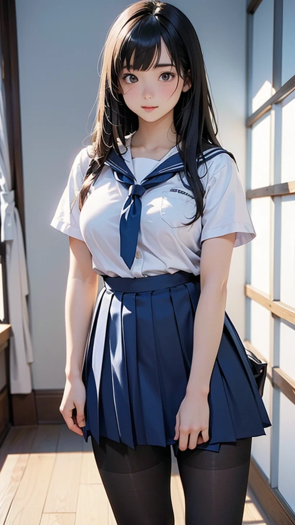 ((Breast enlargement)), (masterpiece, Highest quality:1.2), 8K, Young and beautiful girl, 85mm,Official AR RAW Photos, (Baby Face), ((Small face)), (((Super big breasts))), Detailed nipples, Show me your ears、photo shoot, Cute face, Thighs, Classroom after school, Look away, Embarrassing、smile、 makeup, Film Grain, chromatic aberration, Sharp focus, Face Light, Bright lighting, 10 generations, Detailed face, Background blur、((((((14 year old high school girl))))))、Narrow waist, ((Sailor suit, Navy Pleated Skirt)), (White tiny panties), ((Sit with your legs apart)), ((Show me your hips))