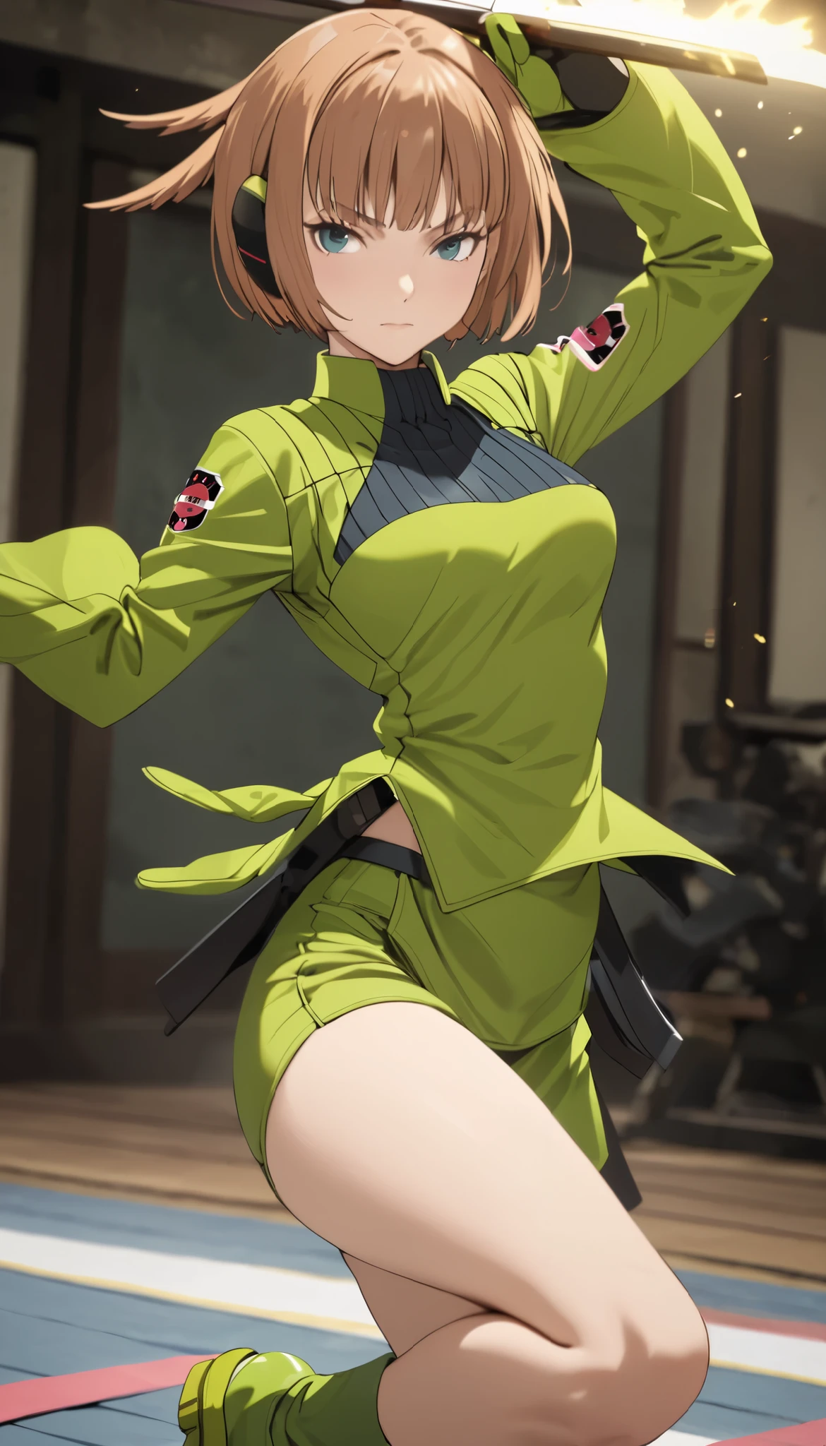 Konami,live-action、 real、 1 girl, looking at viewers, green jacket , gloves, Green Shorts , green footwear, Moderate bust、masterpiece, top quality , Dynamic Poses、Karate stance