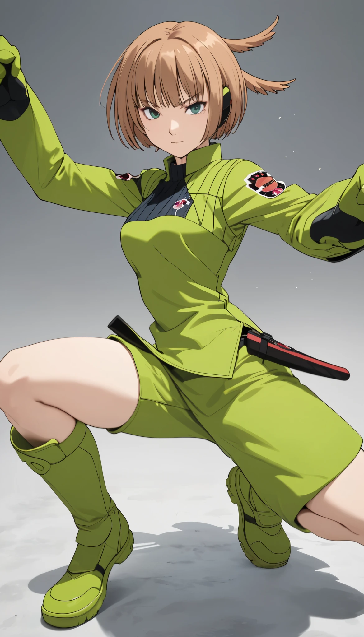 Konami,live-action、 real、 1 girl, looking at viewers, green jacket , gloves, Green Shorts , green footwear, Moderate bust、masterpiece, top quality , Dynamic Poses、Karate stance