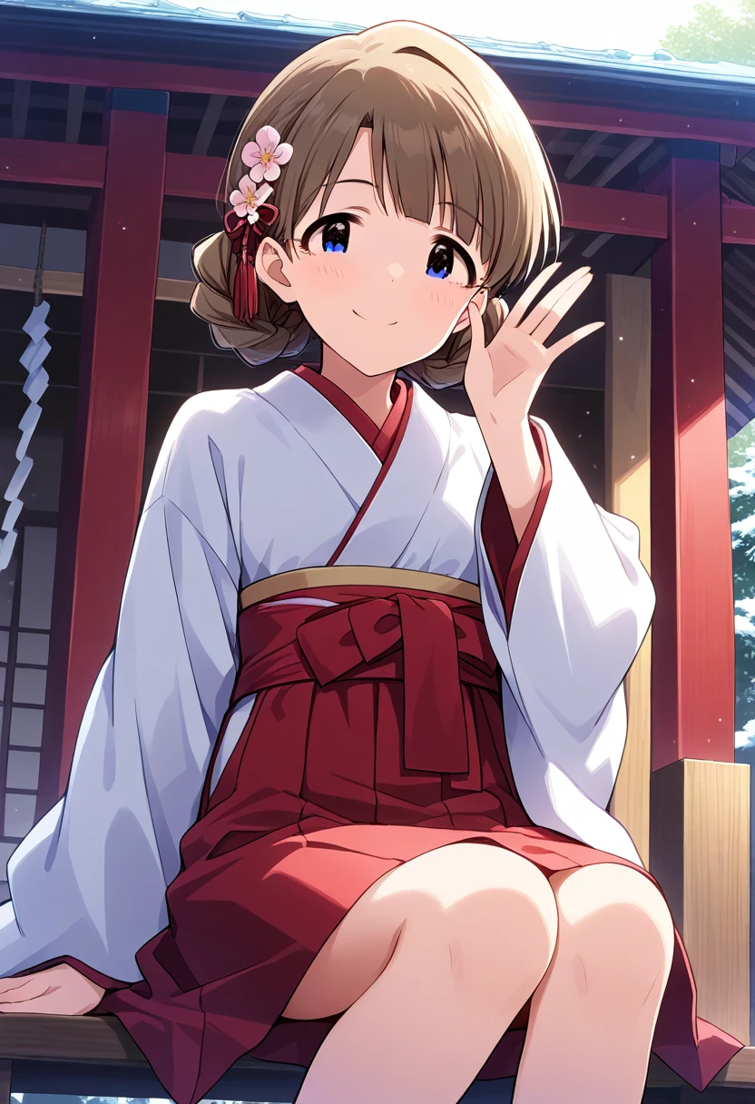 Turn your gaze to the viewer　front　 is standing　winter　whole body　Multiple people behind 　shrine　 on New Year's morning　１ women　　Shrine maiden　Sandals　Momoko Suou 　Mirishita　　 idolmaster　Characters top quality ,   Masterpiece  ,  super high res,　  beautiful legs　Beautiful upper body
　Beautiful lower body　　
Two perfect legs　 perfect five fingers beautiful eyes detailed eyes detailed face don't write women with young faces　no text　smile　 best smile 　