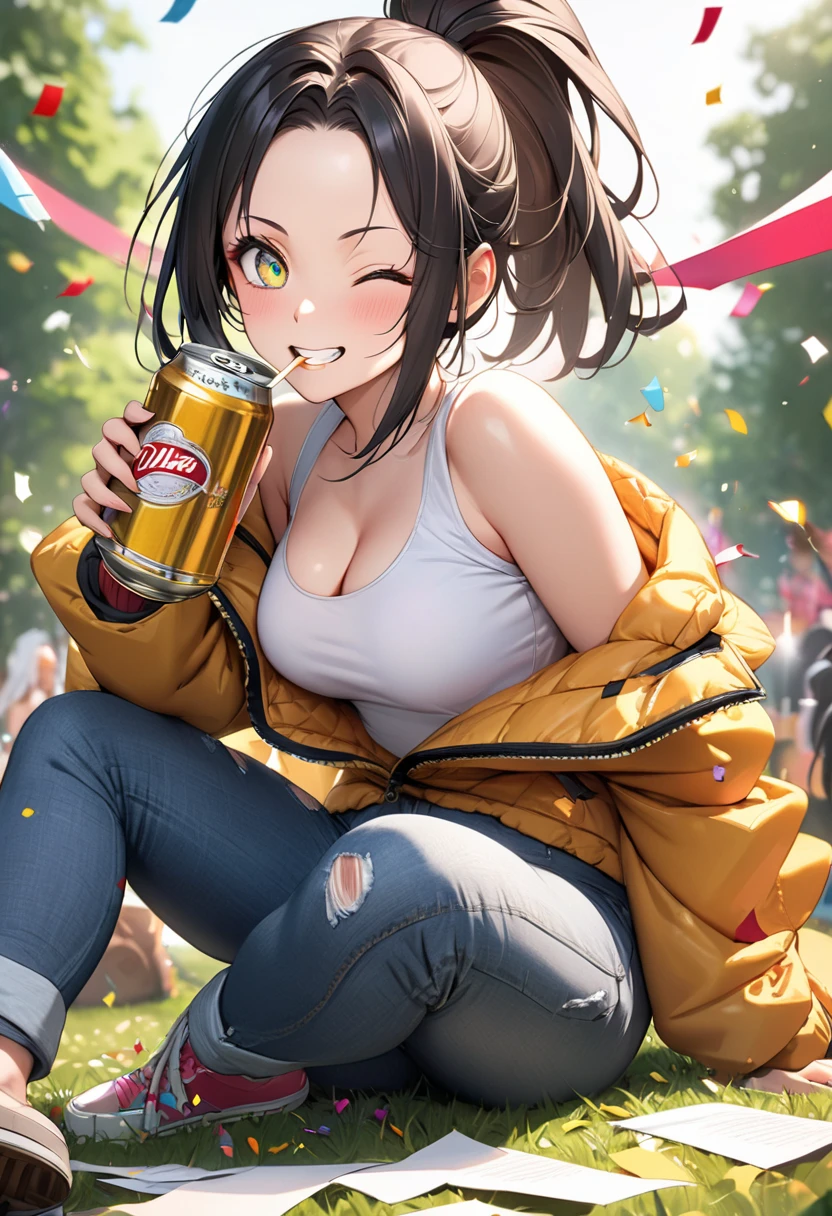 Highest quality,Highest Resolution,A beautiful girl with a crying face running on the stadium,Tank top,short hair,sunny,Open your mouth wide and drool,Tears,Sweat profusely,High leg,Belly button,Abdominal muscles,Muscular,(((Drink a drink)))