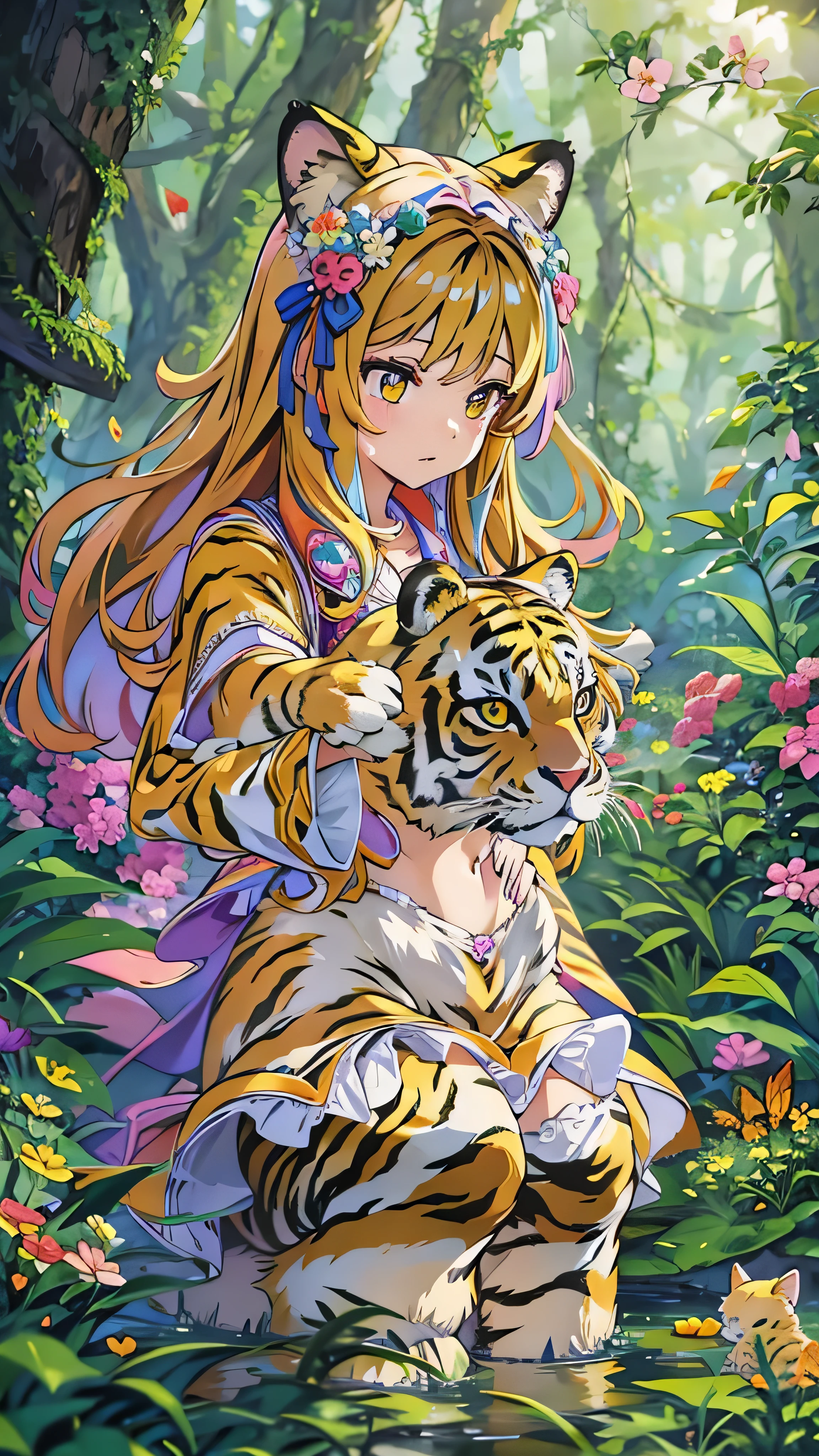  high-definition picture ， 1 girl,  face details、Lovely cat ears , Deep Forest World , Alone,  skinny, wind,  tiger striped fluffy fur, whole body,  pretty face ,  adorned with intricate patterns and delicate lines,  Girl Surrounded by Fairies in a Colorful Forest。Cute tiger striped cat girl 。