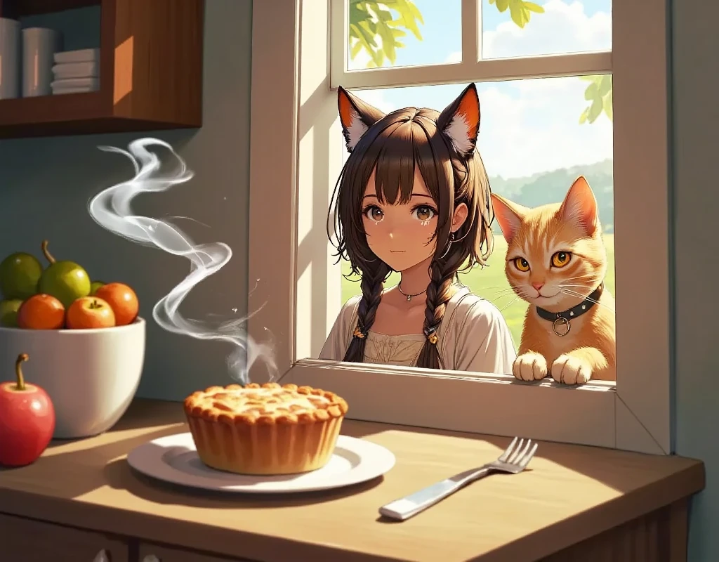 masterpiece, top quality :1.2,(A girl and a cat are drawn at the back of the window sill),（ big yellow eyes),(the girl stares at the apple pie）(よだれ）,There is an apple pie on the kitchen table ,smoke,The girl and cat are looking at the apple pie from outside the window,alone,girl,cat-eared girl,she peeks into the kitchen through the window,her hair is dark brown, braids, beside a calico cat , The cat has a bell collar ,gentle and cute illustration,high details 