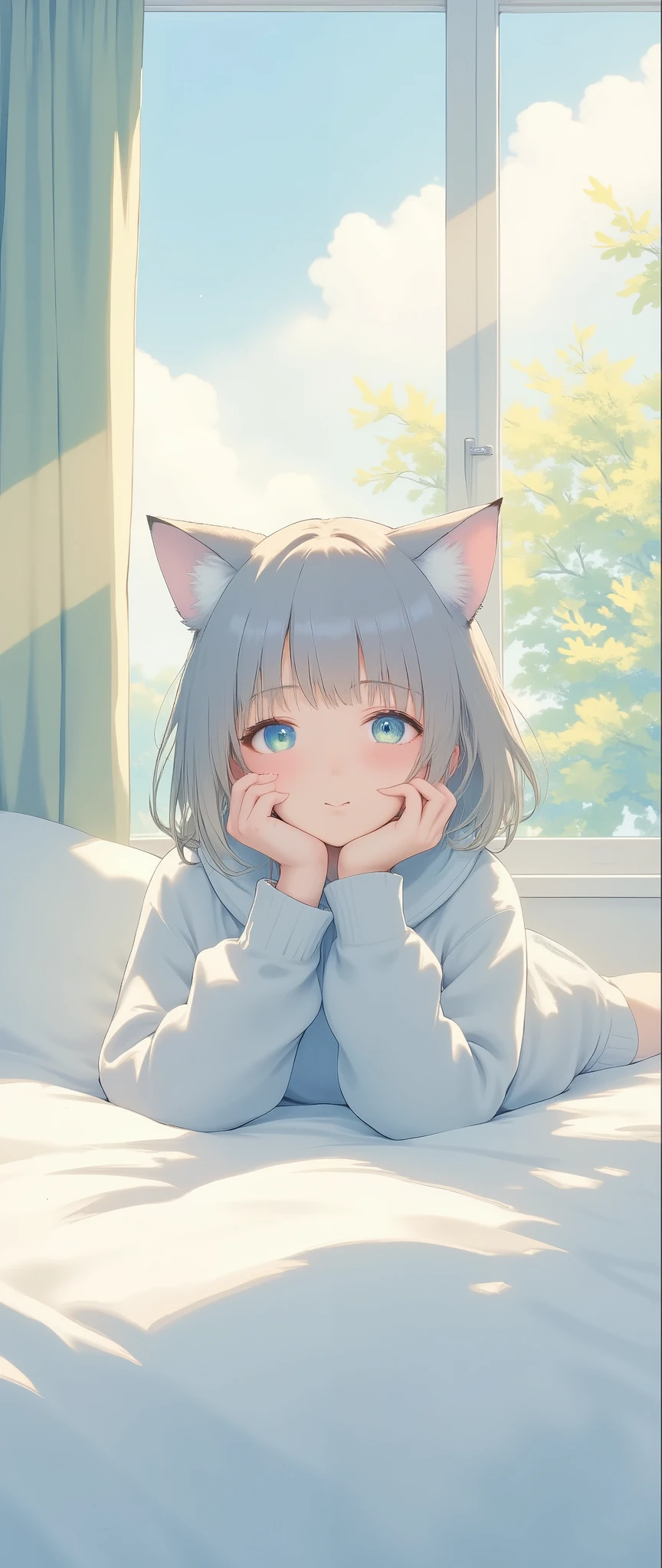 (masterpiece:1.2,EXCEPTIONAL QUALITY ,Mirror finish,  Cinematic Experience, best illustration ),8k,16k,(wallpaper),(Cat ear girl:2.0),(Cat girl:2.0),(anime:2.0),(Cat ear girl wearing grey sweatshirt hoodie:2.0),(Lying on the bed :2.0),(Looks sleepy:2.0),(morning),(Warm sunshine shining through the window :2.0),(Healing:2.0), Very simple design  ,(anime artwork:2.0),(Cute design:2.0),(Indirect lighting for the daikon mascot character:2.0)