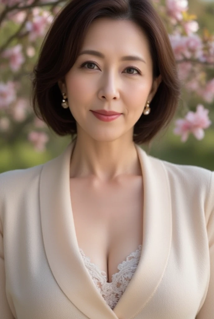 Mature Woman,  ( hair), ( face ), (Detailed description of the body), high res, masterpiece,  top quality ,  high detail, formal: 1.4), ( realistic : 1.2, 超 realistic な: 1.1,  realistic: 1.37), ( sharp focus : 1.4),  depth of field ,  Physically Based Rendering,  wavy hair, ,  Unmatched Beauty , (Ultimate beauty), (lipstick:1.1), ( eyeliner :1.2), ( mascara), ( eyeshadow), (48 years old,: 1.4), Japanese、 close-up 、 fine lines of laughter :1.2、seductive smie
1. DESIGN NAME ： Cherry blossom research

GOTHIC LOLITA FASHION COLORS ： Pale Pink and Ivory

gothic lolita fashion design： Soft bra with cherry blossoms embroidered on the chest 。 Lace frills placed on the underbust 。

point： Spring-like design that gives a light and gorgeous impression 。

background： An image of a bright garden with cherry blossoms dancing 。Production with soft light shining in 。