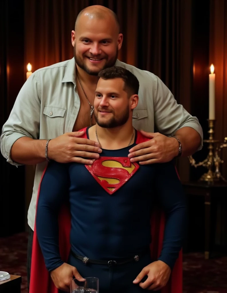 Superman gives himself to Lex as a Christmas present. Behind superman stands Lex is bald man wearing an unbuttoned  white denim shirt, touching Superman's chest with his hands.