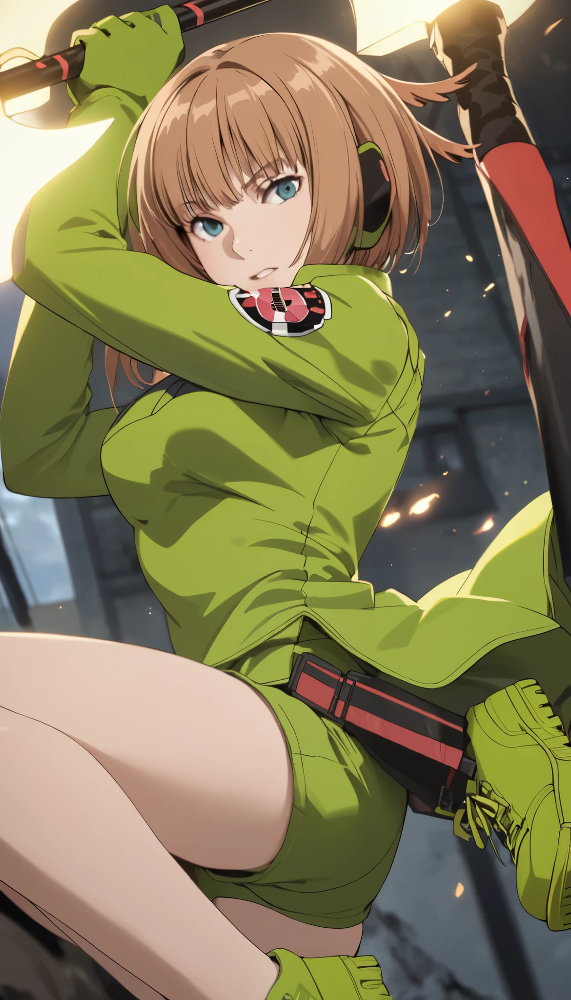 Konami,live-action、 real、 1 girl,  looking at viewers,  green jacket ,  gloves,  Green Shorts , green footwear, Moderate bust、masterpiece, top quality , Dynamic Poses、Swing down the big axe