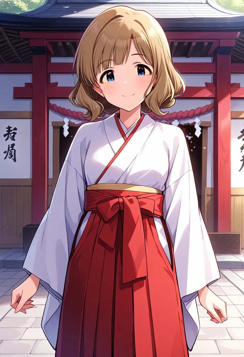 Turn your gaze to the viewer　front　 is standing　winter　whole body　Multiple people behind 　shrine　 multiple people behind 　１ women　　Shrine maiden　Shrine maiden服　Long hakama length 　Sandals　Momoko Suou 　Mirishita　　 idolmaster　Characters top quality ,   Masterpiece  ,  super high res,　  beautiful legs　Beautiful upper body
　Beautiful lower body　　
Two perfect legs　 perfect five fingers beautiful eyes detailed eyes detailed face don't write women with young faces　no text　smile　 best smile 　