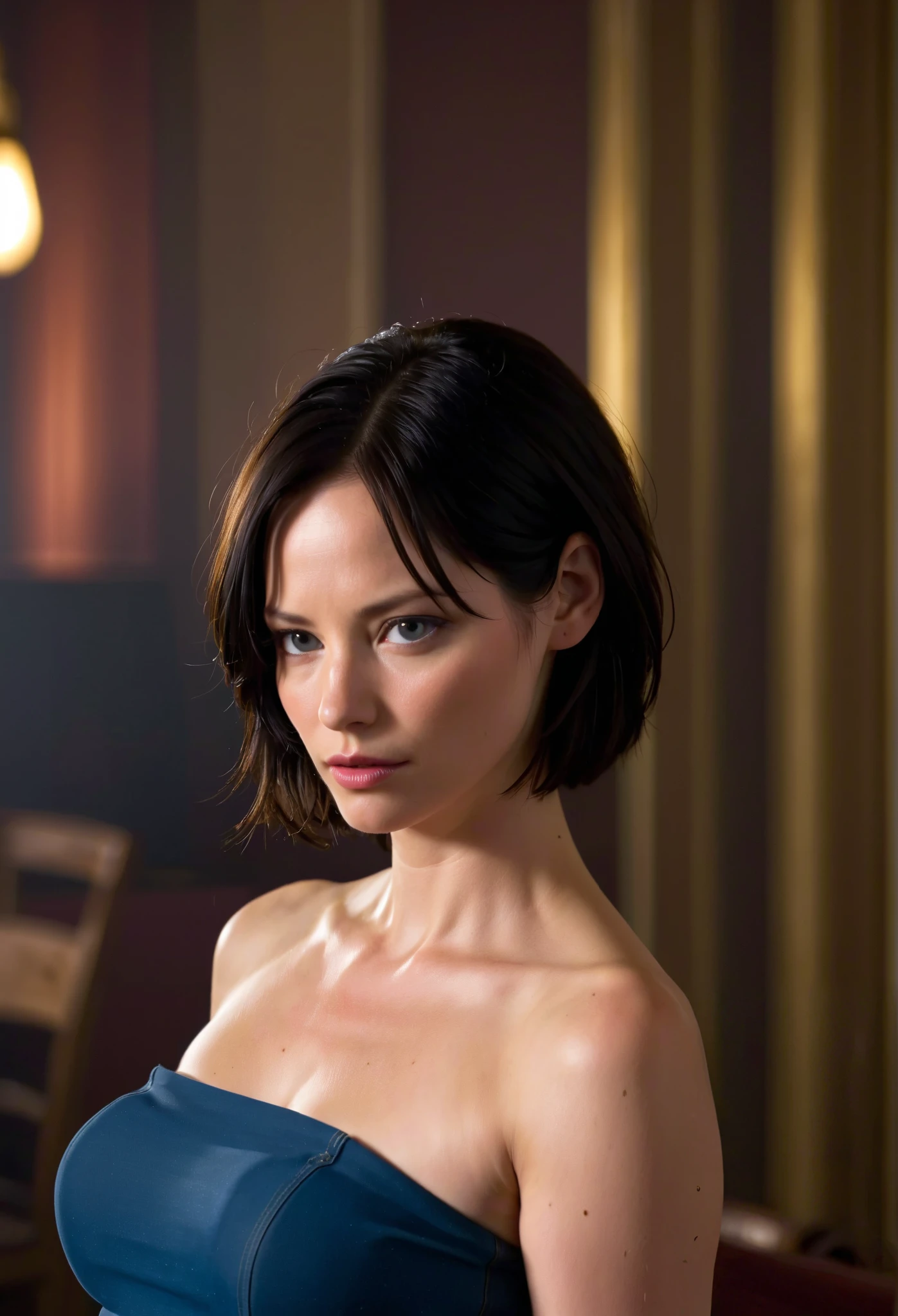 candid photograph of (JillVApocalypse), wearing a blue strapless shirt, Sienna Guillory, Black hair, perfect anatomy, holster, close-up shot, holding cigarette, detailed face, highly detailed, high budget, bokeh, cinemascope, moody, epic, gorgeous, film grain, grainy, close-up shot, Canon M50, Black Boots, full body, volumetric lighting