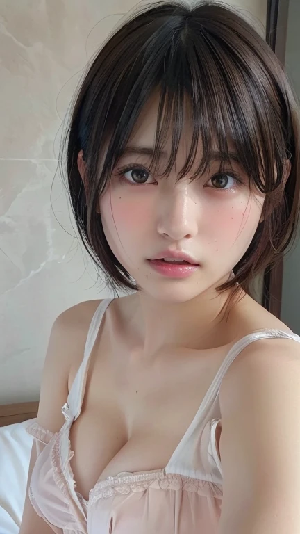 ((masterpiece,  top quality ,  high res)),  1 Japanese Girl , ( realistic : 1.4),  excited、 Amazing Face , glossy lips 、 short hair, Brown Hair、( beautiful hair:1.5), Nightwear、 beautiful legs、 on the bed、staring、 front angle, smooth,  Highly Detailed CG Composite 8K Wallpaper,  high resのRAWカラー写真, Professional photography, light, Backlight,  dreamy, Impressive,  written border depth, ( face close-up :1.5)、 small tits、mole、 selfie、 teardrop bags、 open her mouth 、Armpits
