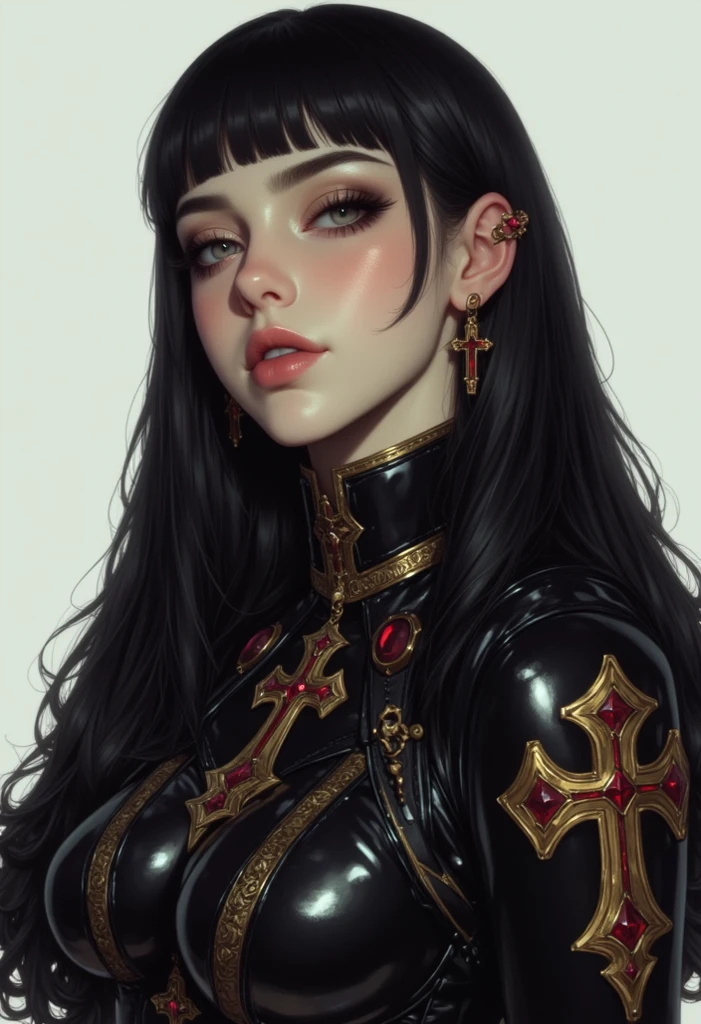 This is a highly detailed, digital illustration of a young woman with a striking, ethereal appearance. She has porcelain skin with a subtle, natural glow, and her long, silky black hair cascades down her shoulders. Her facial features are delicate with high cheekbones, full lips, and large, expressive blue eyes accentuated by meticulously drawn eyeliner and mascara. She has a serene, almost otherworldly expression with a slight, enigmatic smile.
She is dressed in a form-fitting, high-gloss black leather outfit adorned with intricate, gold accents and red gemstones. The outfit features a high collar and intricate, cross-shaped designs, giving it a gothic or medieval aesthetic. The leather has a wet, shiny texture, suggesting a high-quality, possibly latex or vinyl material. The cross motifs are prominent, with red stones set into the gold, adding a touch of luxury and symbolism.