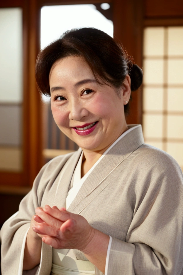 Medium shot, Masterpiece of mature Woman 55 year old, Attractive face, Makeup, Smiling, Eye wrinkles , bun hair, Chubby, Curvaceous, wearing kimono, Realistic face, Realistic body, Realistic skin, High-resolution, realistics hands, Very Details.