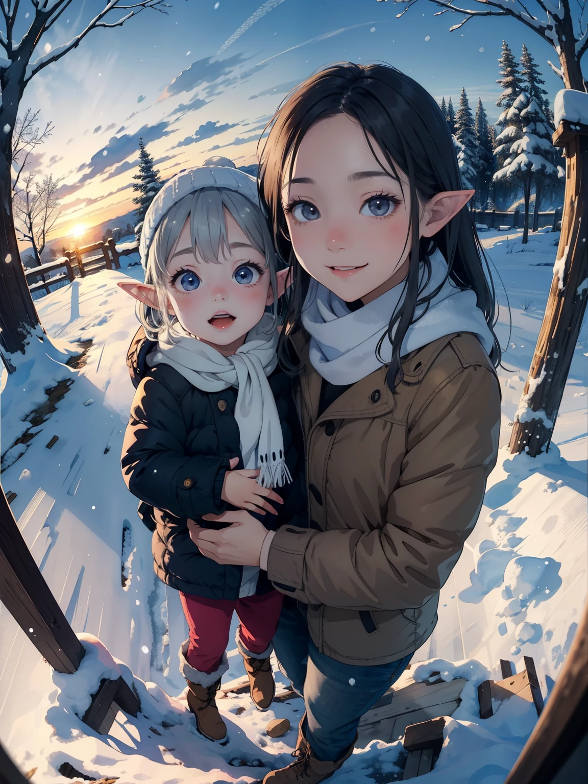   masterpiece ，    top quality ，   high image quality，(    super flat   ，    flat shading   )，Elf， young    girl ，Glass，  beautiful gray hair，  fisheye lens， short，      Toddler Figure Temptation ， beautiful young mother and adorable daughter， Beautiful clear clothes ， warm scarf  ，(naked)，   long hair，    boots，smile, smile， White Breath，fun, play，Winter Shrine Garden ，beautiful autumn leaves ，Snow Scene， Clear Winter Sky ，At dusk， Beautiful Sunset ，Wide angle，  bright color，watercolor,    Ghibli style，Strong wind，  Girl Temptation，
     girl &#39;Lure，