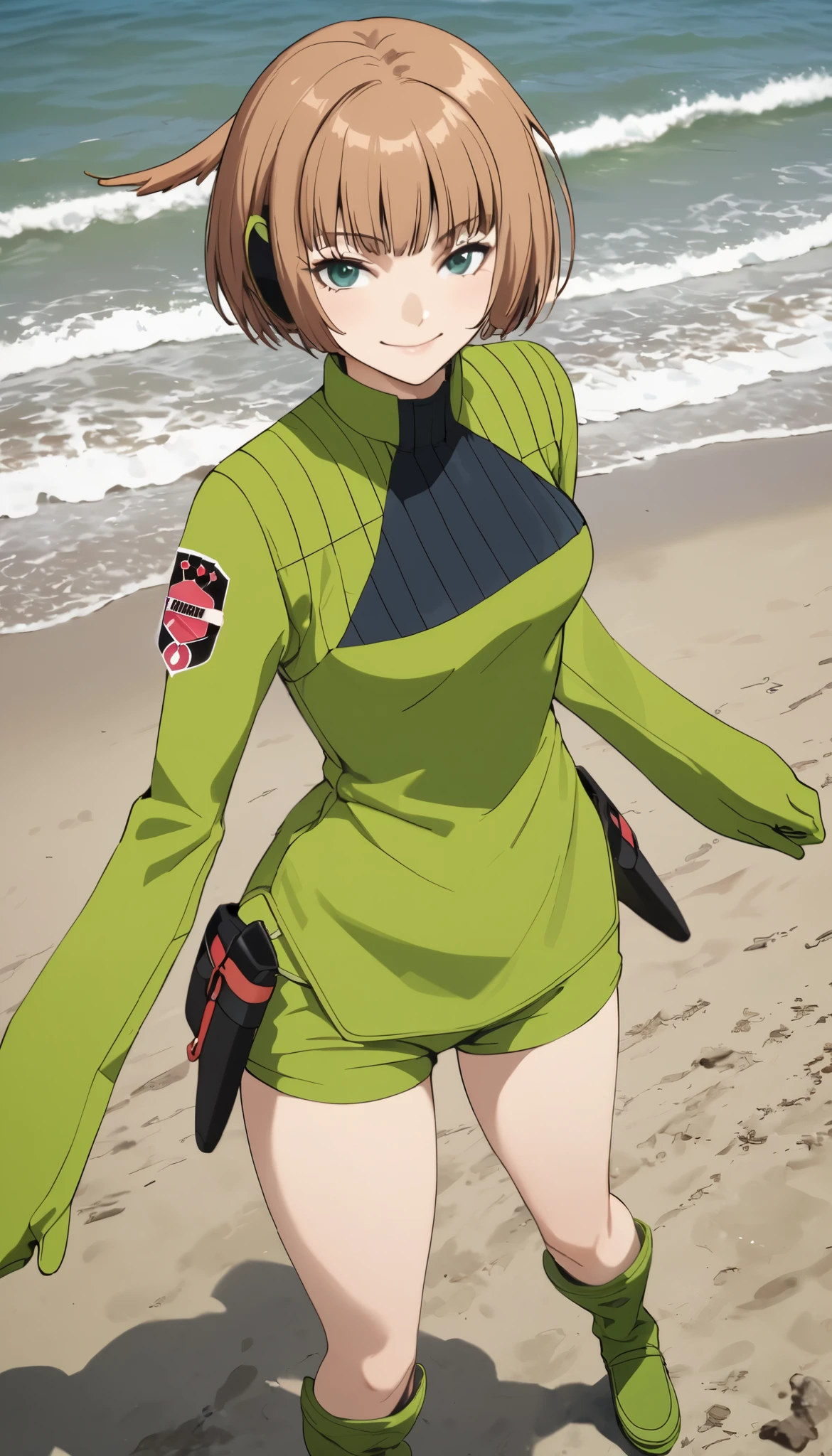 Konami,live-action、 real、 1 girl, looking at viewers, green jacket , gloves, Green Shorts , green footwear, Moderate bust、masterpiece, top quality , upper body、 at the shore、 gentle smile