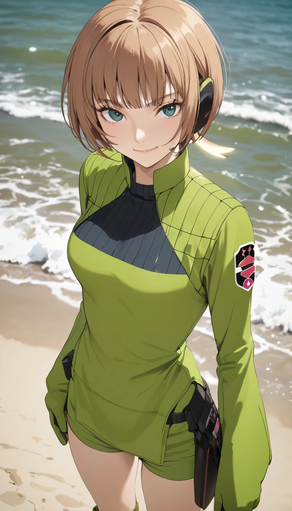 Konami,live-action、 real、 1 girl,  looking at viewers,  green jacket ,  gloves,  Green Shorts , green footwear, Moderate bust、masterpiece, top quality , upper body、 at the shore、 gentle smile