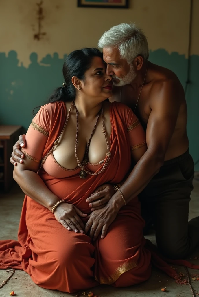 (masterpiece) (realistic) Brunei Woman 68 years old (nude curvy hourglass figure mature woman) (sexy chubby body shape), that woman on her lap by an old man nude too, posing that she in front the old man with huge dick, (couple photography) (highly detailed:1.2), dark bun messy hair, passionate warm atmosphere, (hairy pussy), sexual desire, professional photography with excellent lighting