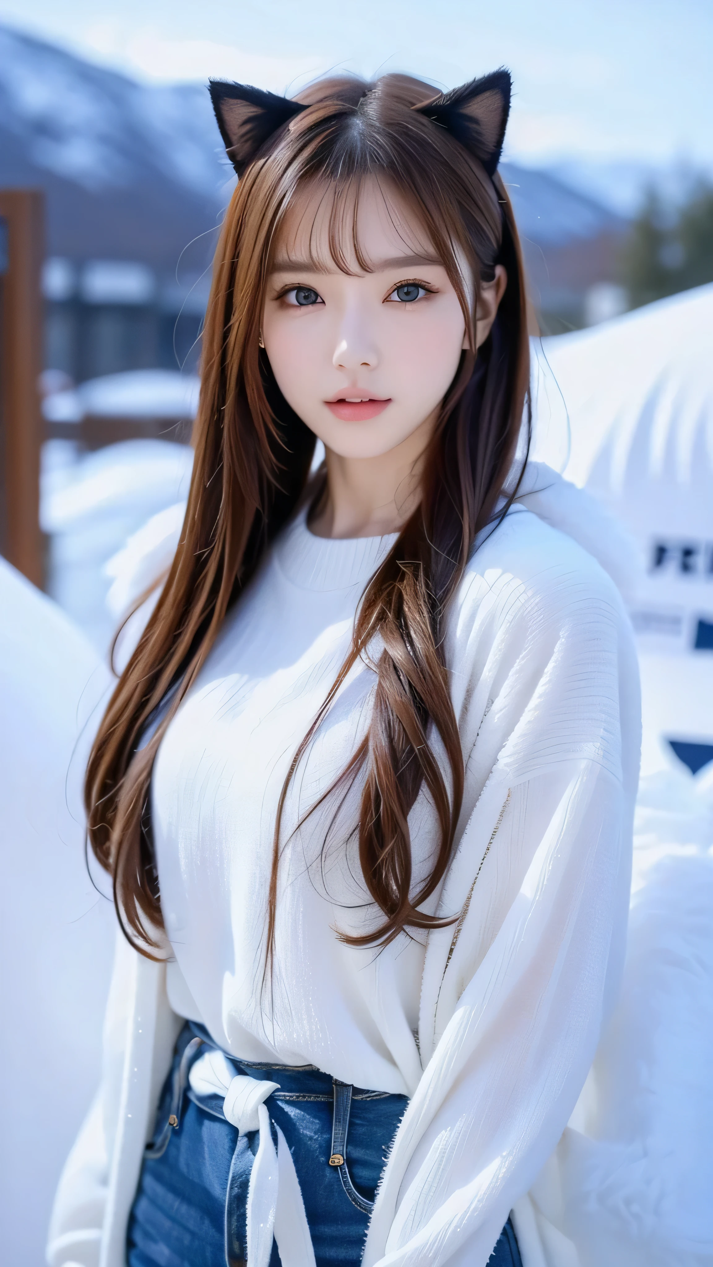  high-definition picture ， 1 girl,  face details、Lovely cat ears , Ice and snow world, Alone,  skinny, wind, ピンクのMech Suit, whole body,  pretty face ,   adorned with intricate patterns and delicate lines, Mech Suit,Snowy mountain scenery。