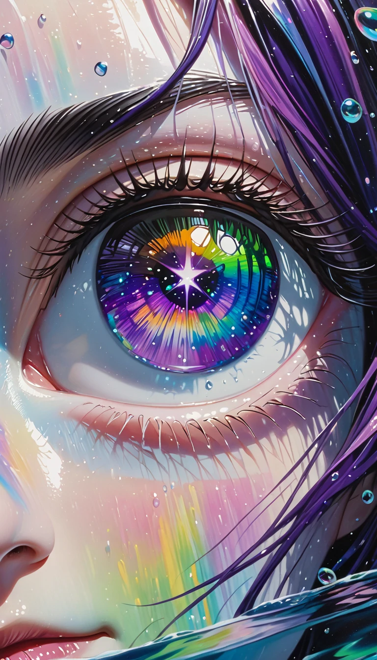 Girl swimming underwater,Ultra-detailed rendering style,Shine,,green,Brush,Surreal oil painting,Shine目,Head close-up,Exaggerated perspective,Tyndall effect,Water Drop,Mother of pearl rainbow color,holographic white,Black background,Purple Eyes,There are stars in your eyes、Purple Hair