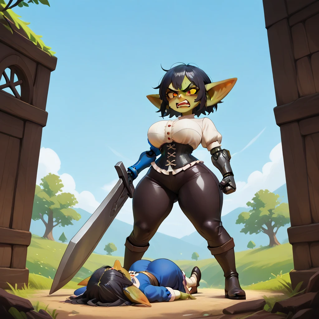 A female goblin ,  DRESS: camisa blanca, black corset,  giant sword ,  knee-high boots ,  tight leather pants . appearance:  short black hair with gray hair ,  robotic right arm ,  anthropomorphic robotic legs,  big breasts and big hips.  facial expression : angry and annoying . pose: lying down. Scenery:  tavern of the middle ages .